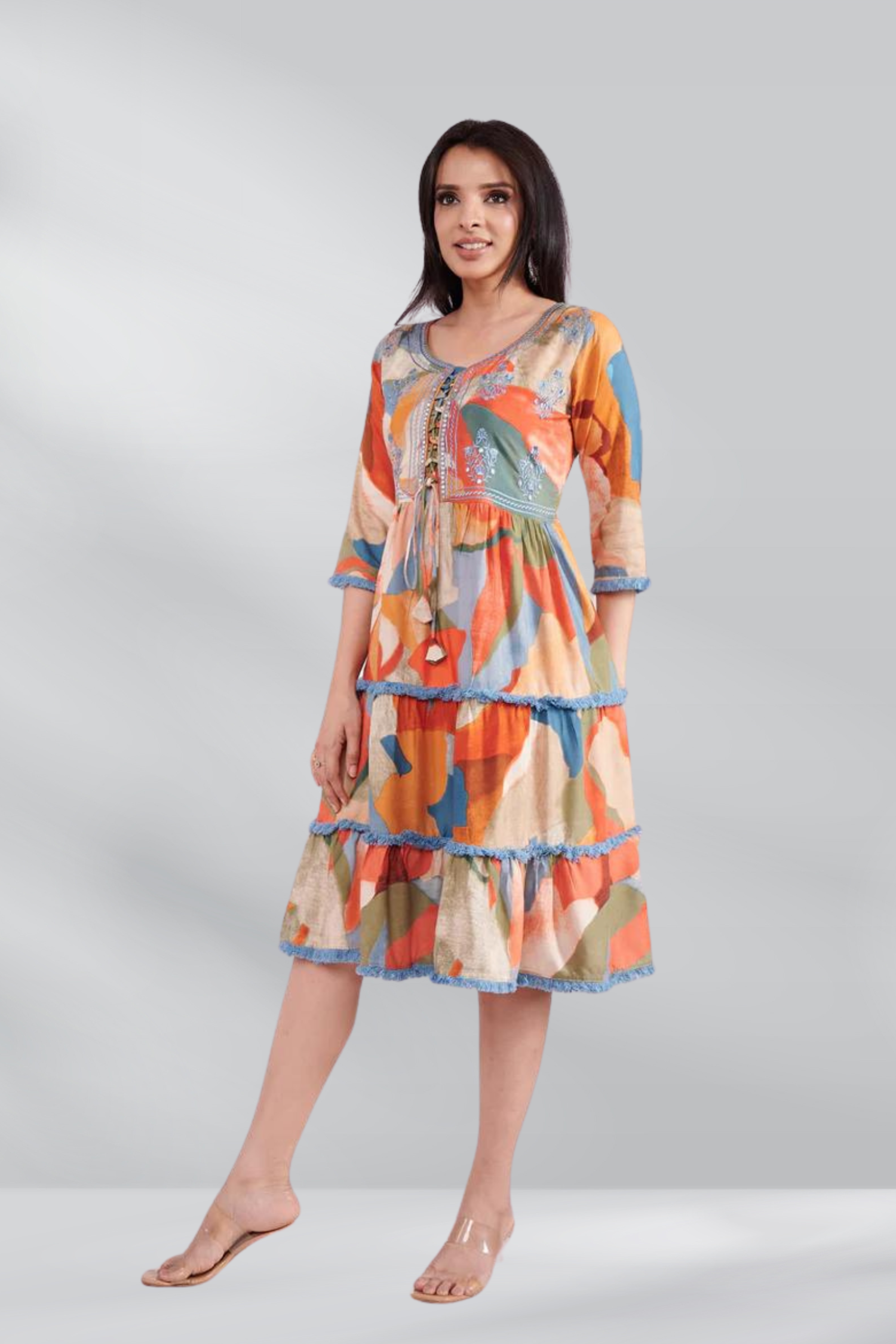 Mul Cotton Round Neck Abstract Tunic Dress