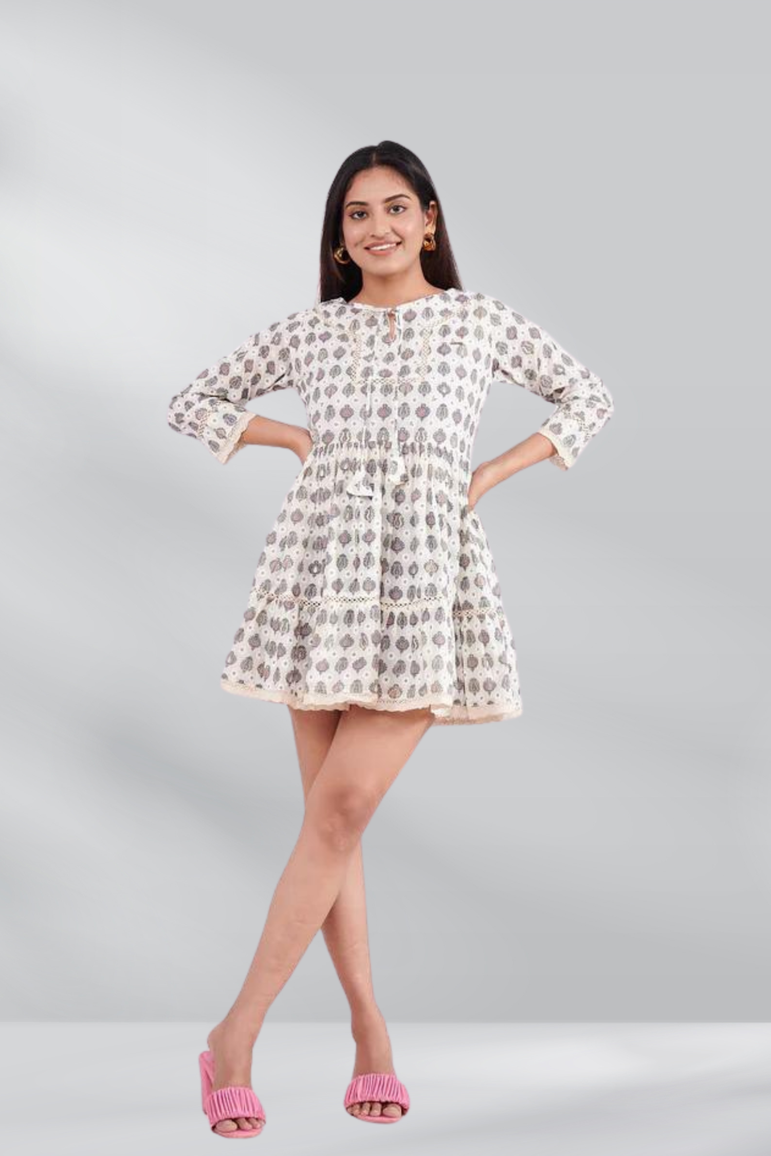 Mul Cotton Block Printed Tunic Top With Sequence Work