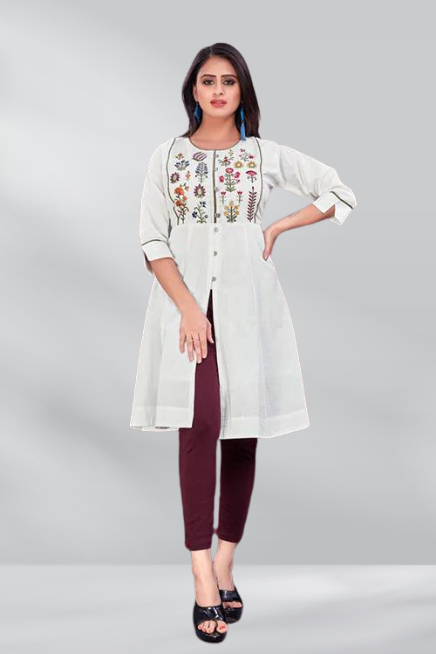 White Mul Cotton A- Line Embroidered Kurti - Freyaa