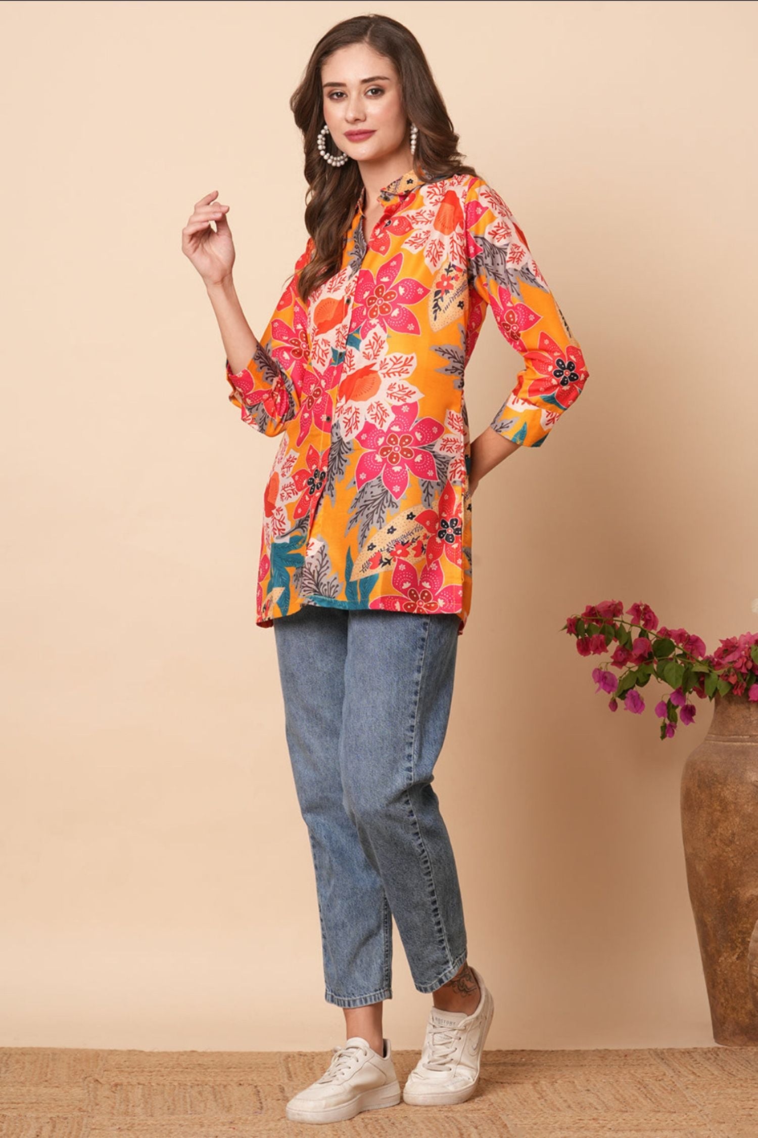 Orange Printed Floral Shirt 1 - Freyaa