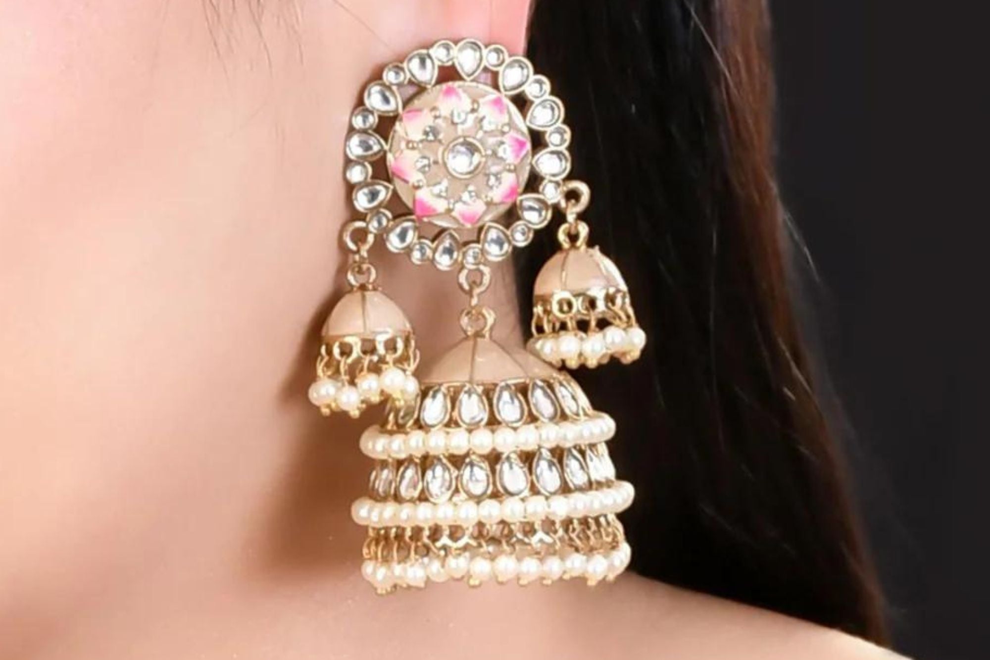 White Kundan Meenakari Finish Statement Jhumka Earrings - Freyaa