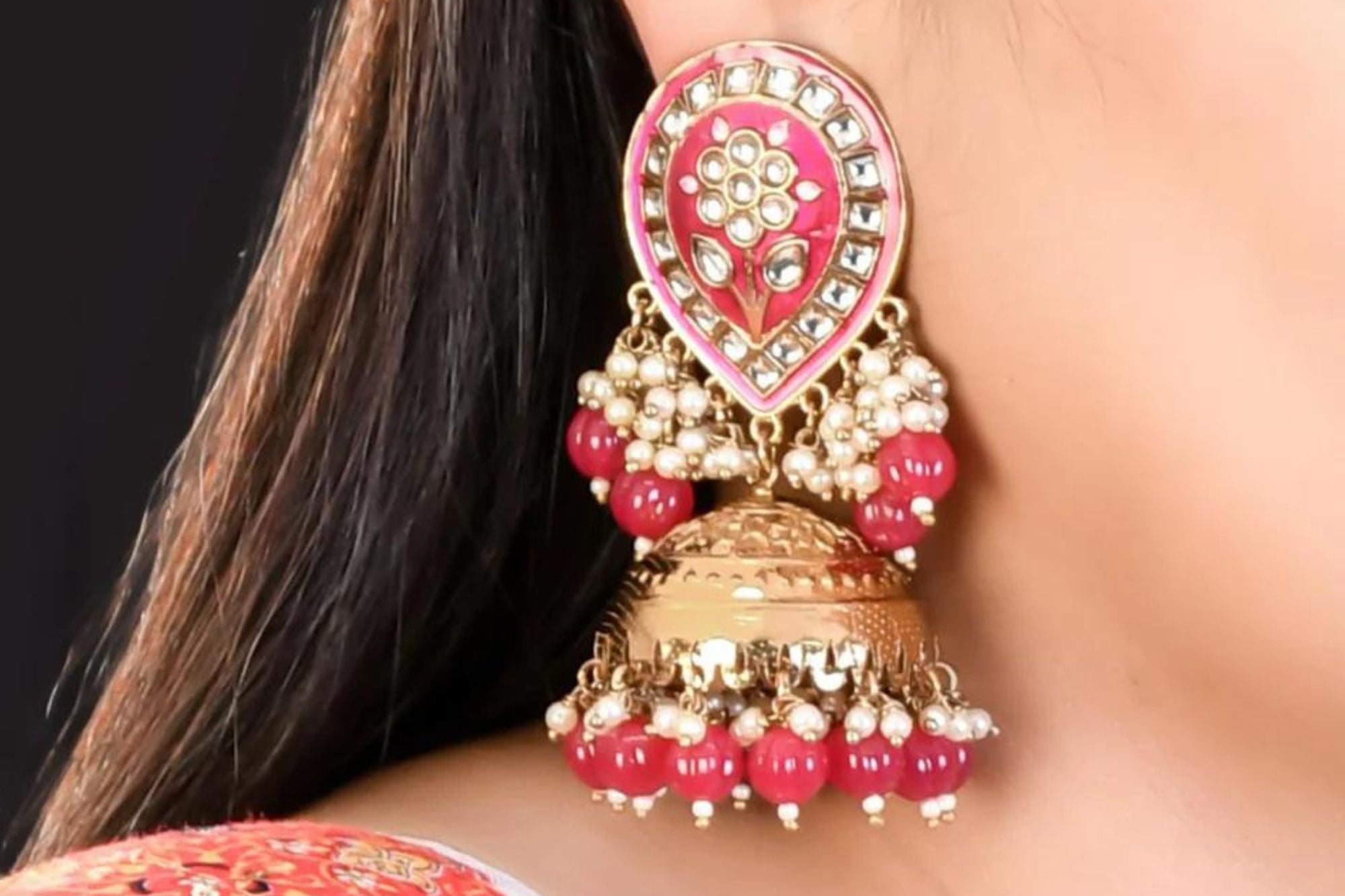 Pink Kundan & Pearl Jhumka Earring - Freyaa