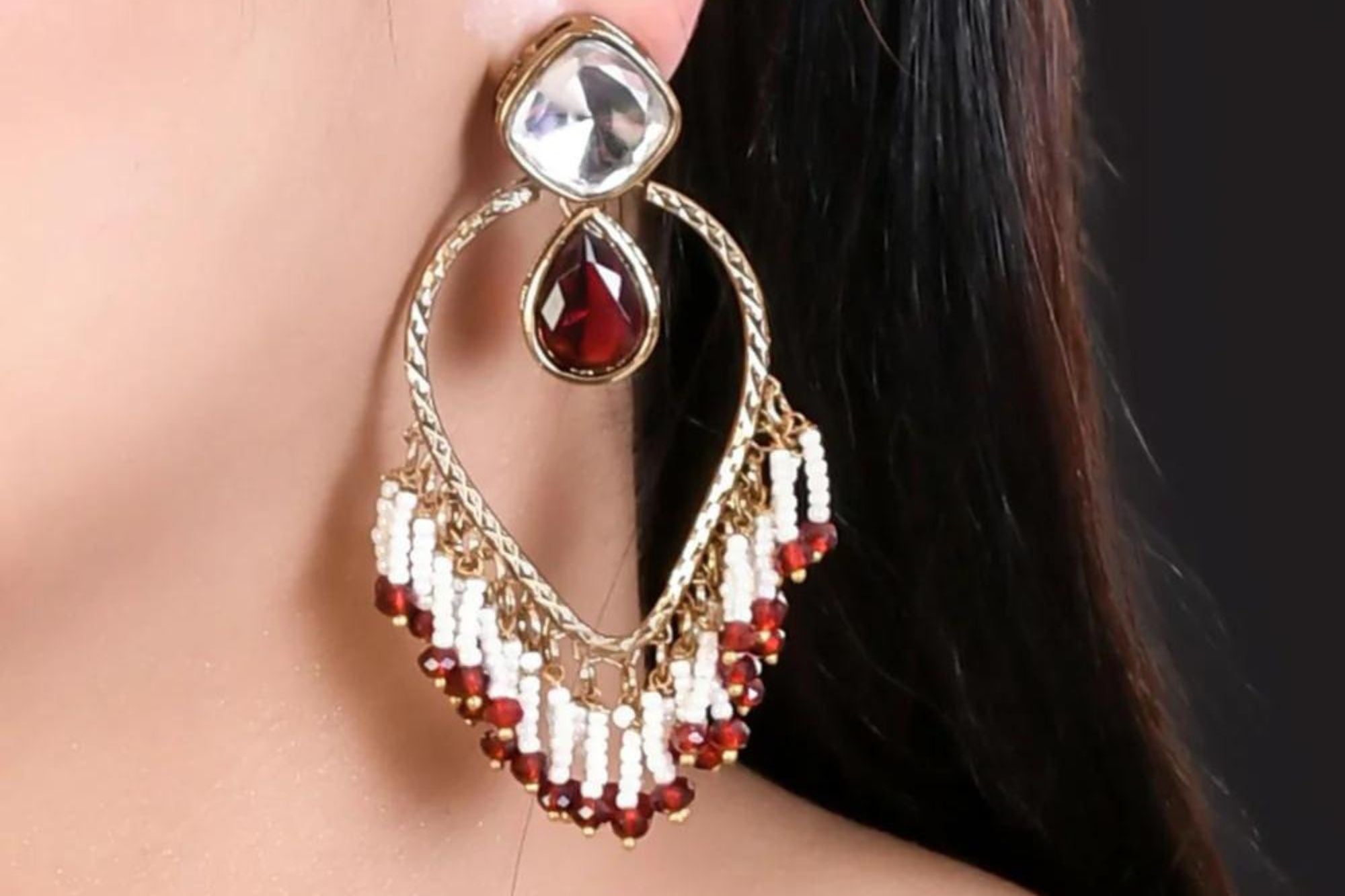 Red And White Kundan Pearl Dangler Earring 1 - Freyaa