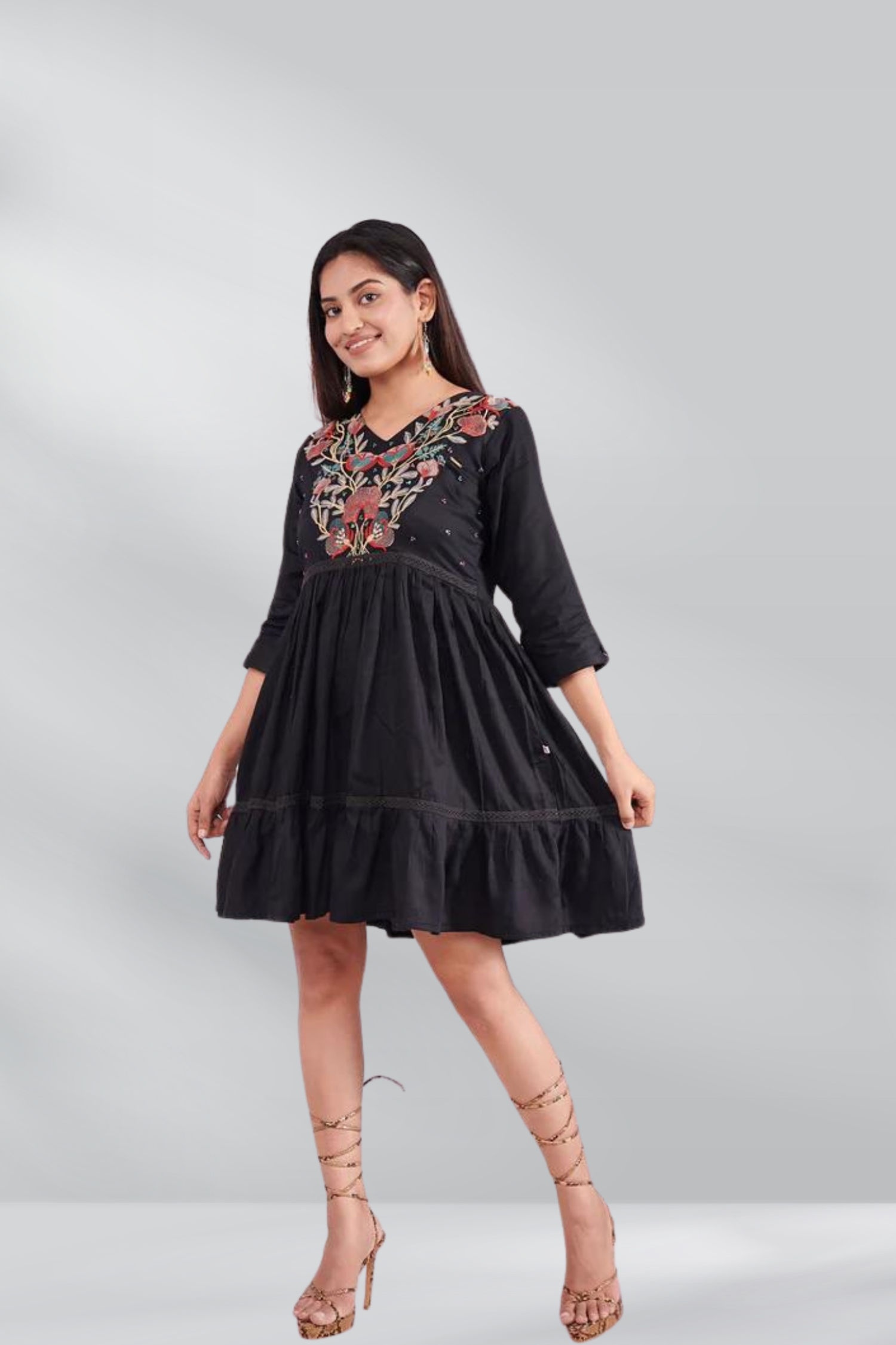 Cotton V Neck Embroidered Tunic Top