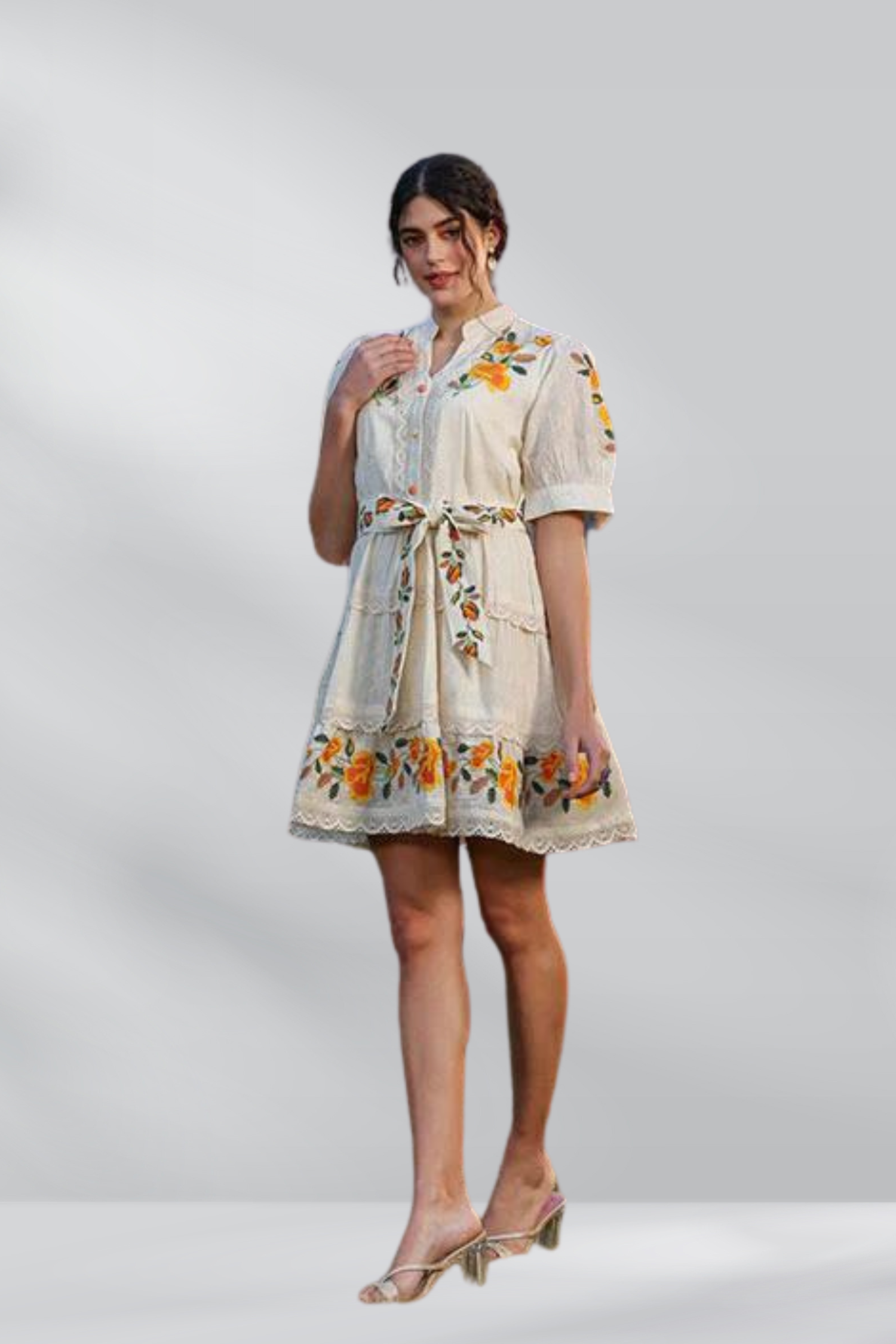 Cotton Embroidered Tunic Dress with Embroidered Belt