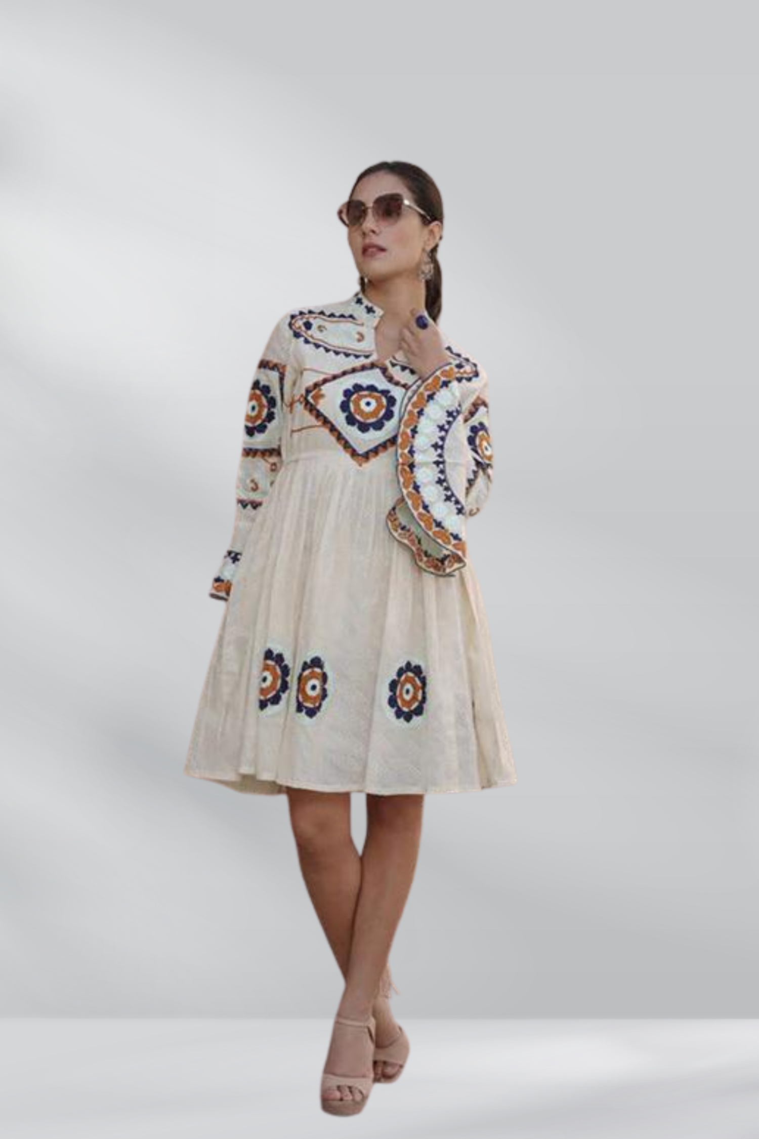 Cotton Embroidered Tunic Dress With Bell Slevees - Freyaa