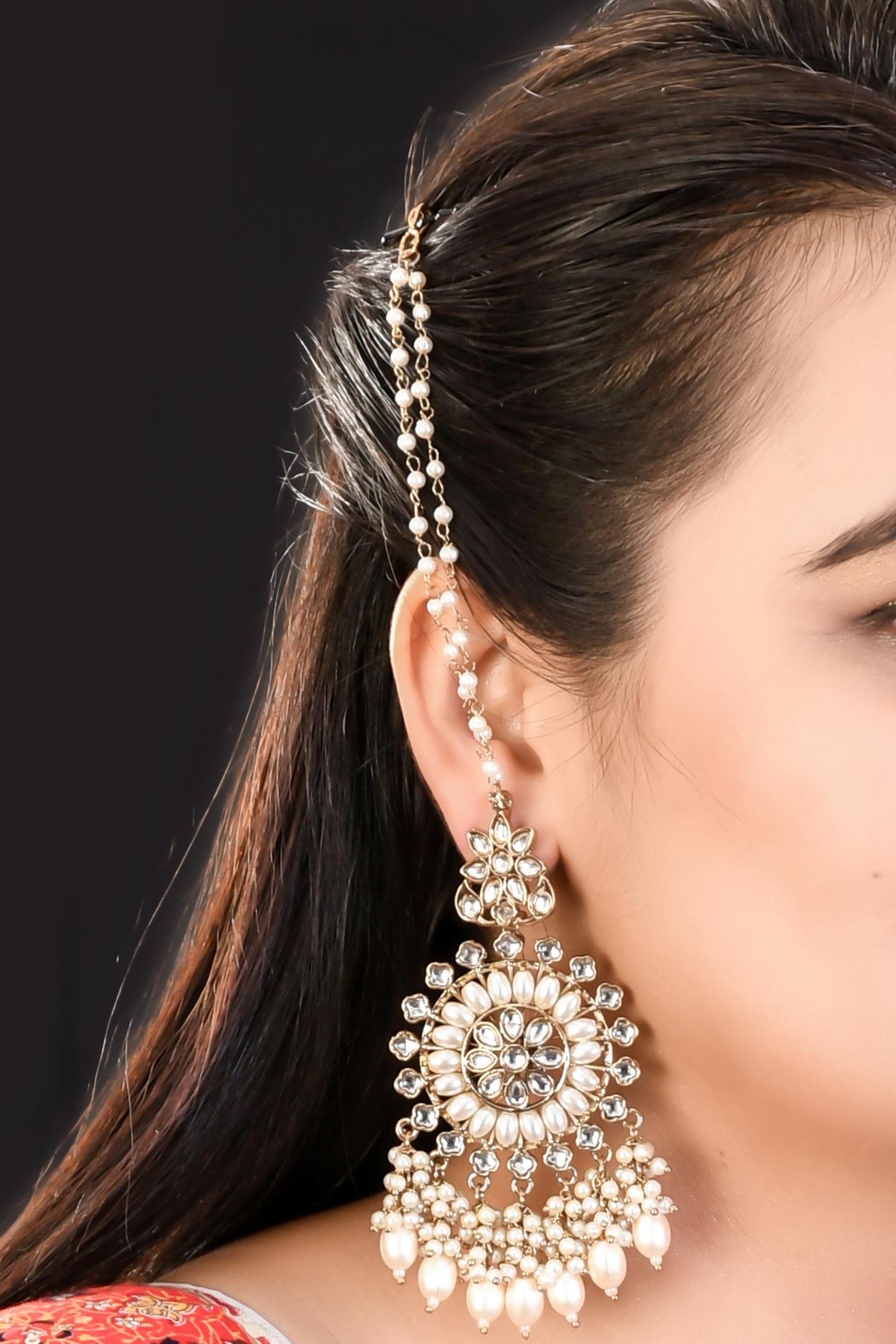 Chandbali Faux Kundan, Pearl Long Chain Gold Earring 2 - Freyaa