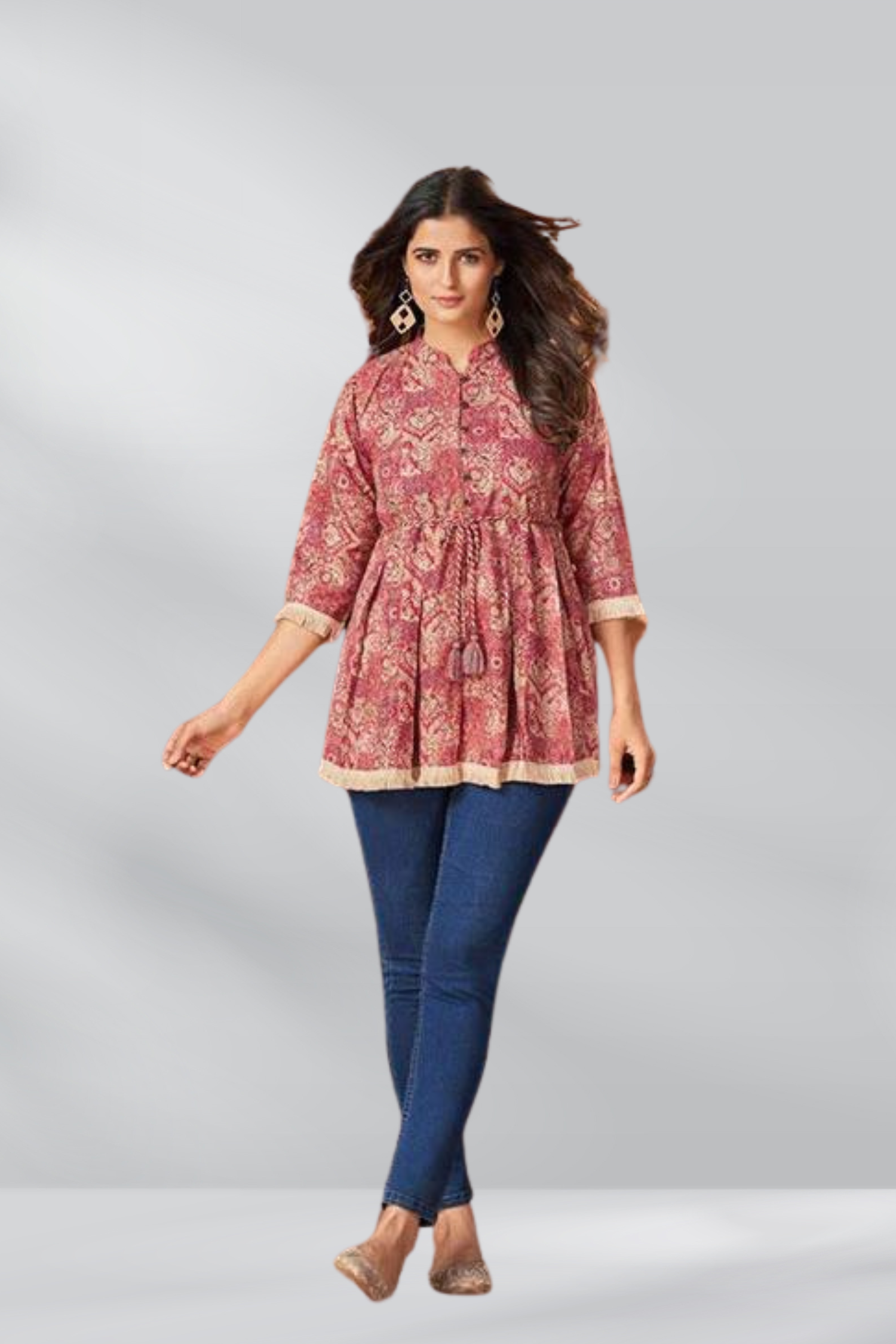 RAYON PRINTED PEPLUM TUNIC TOP WITH BELT