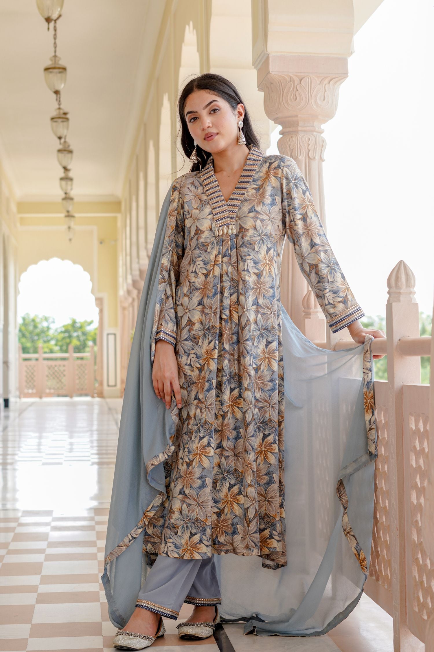 EMBROIDERED V-NECK PRINTED  A-LINE KURTA SET