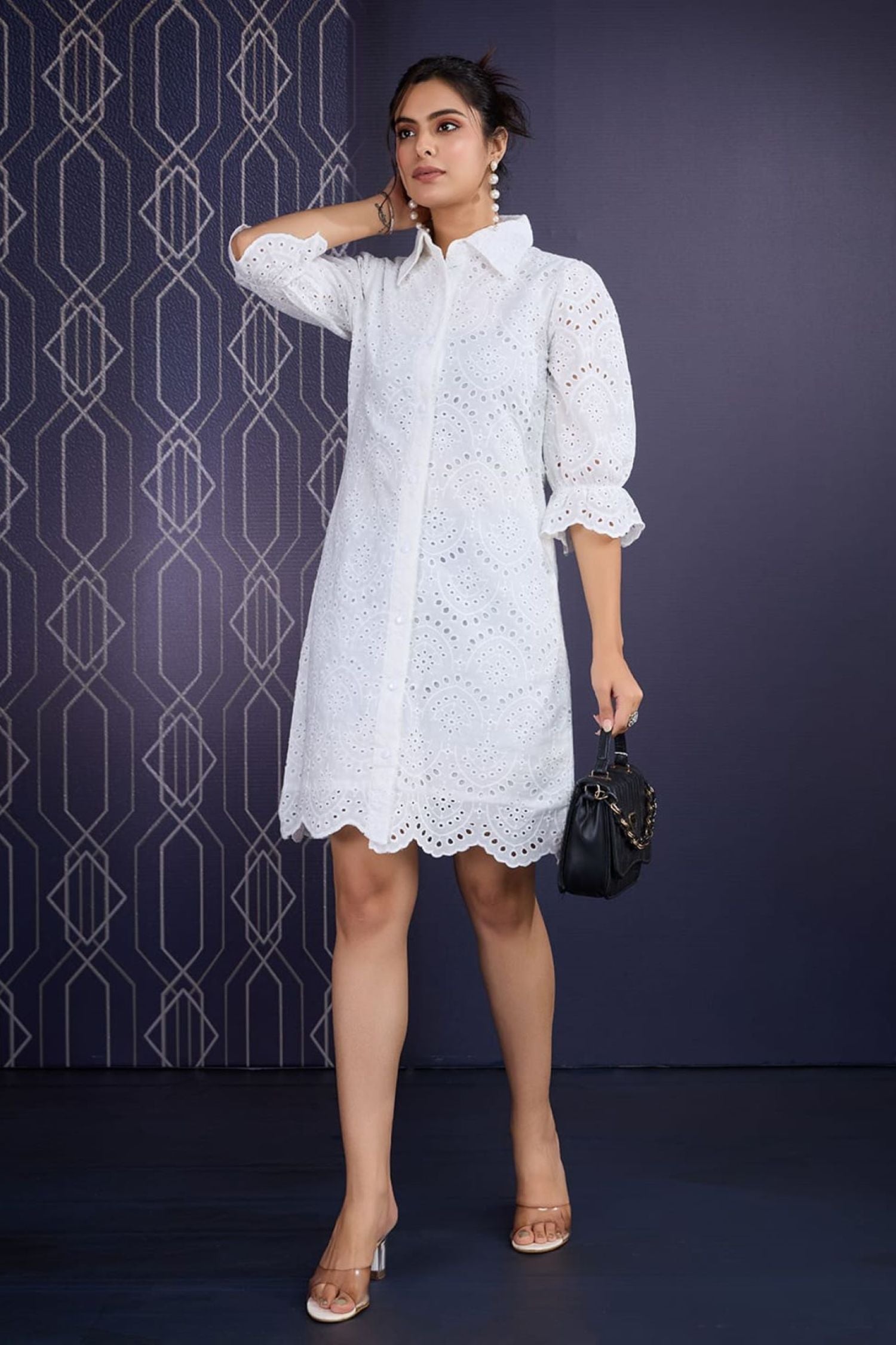 COTTON SCHIFFLI PUFF SLEEVES SHIRT DRESS