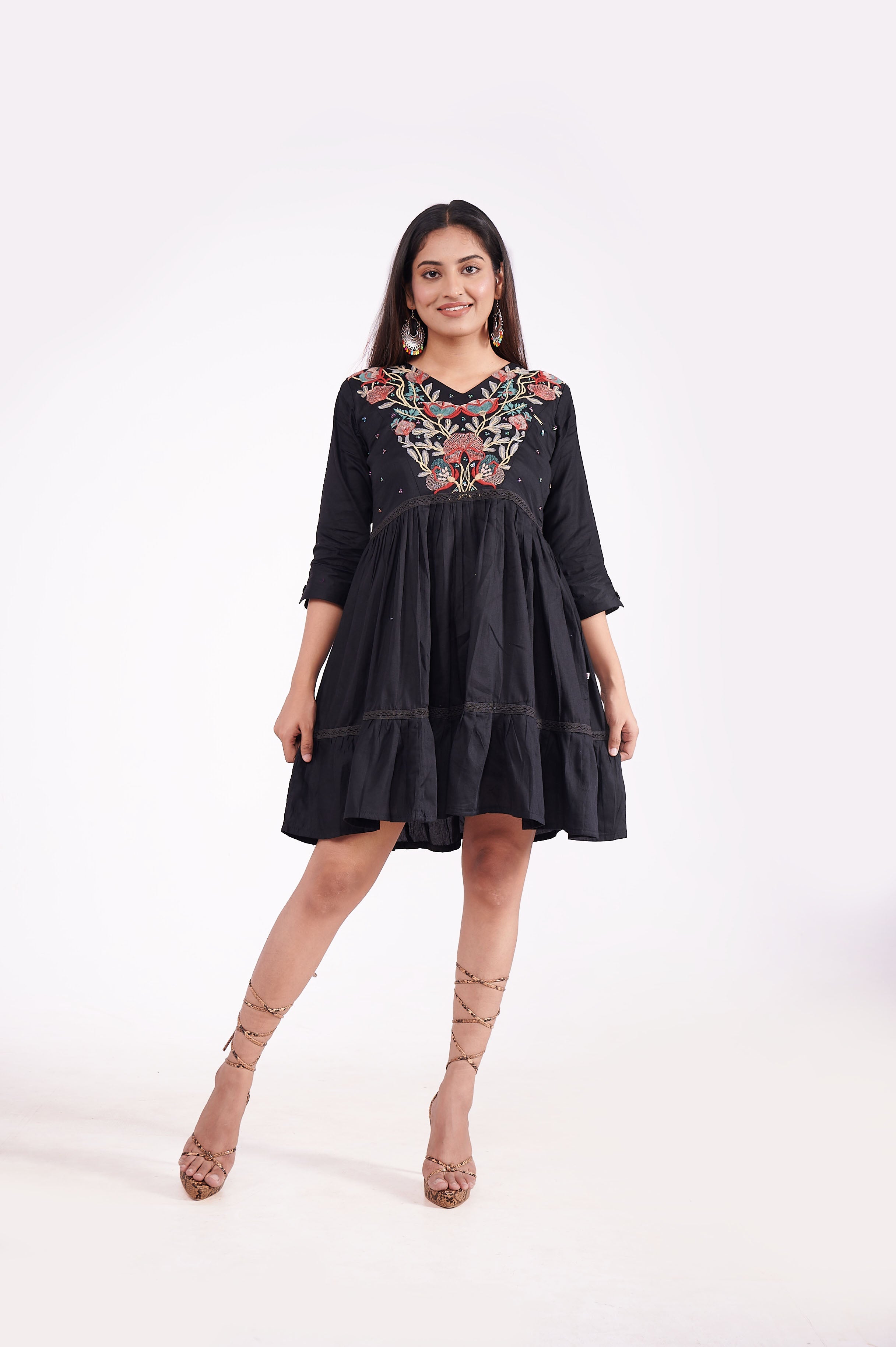 Cotton V Neck Embroidered Tunic Top