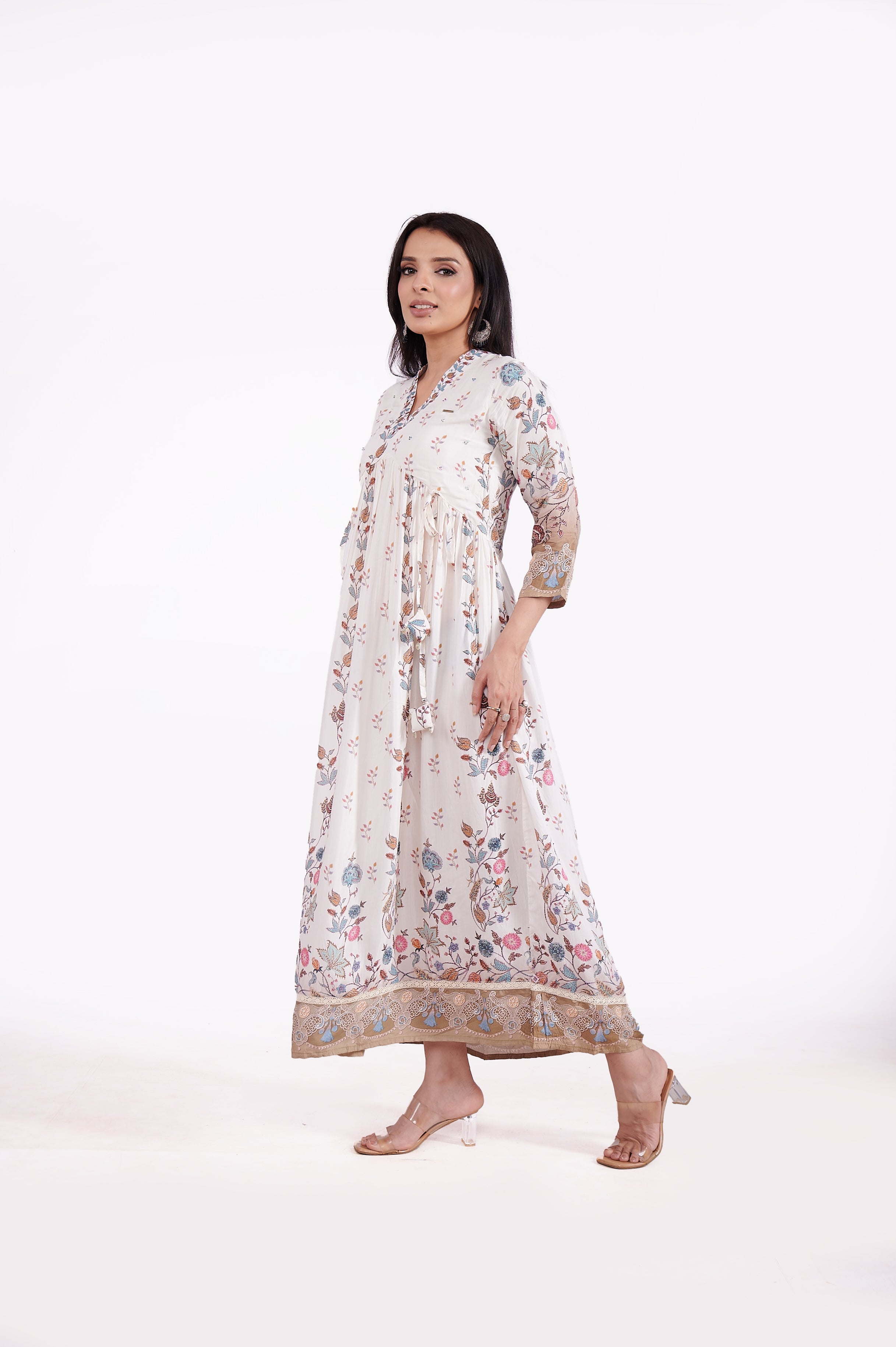 Muslin Bember Floral Printed V Neck Dress