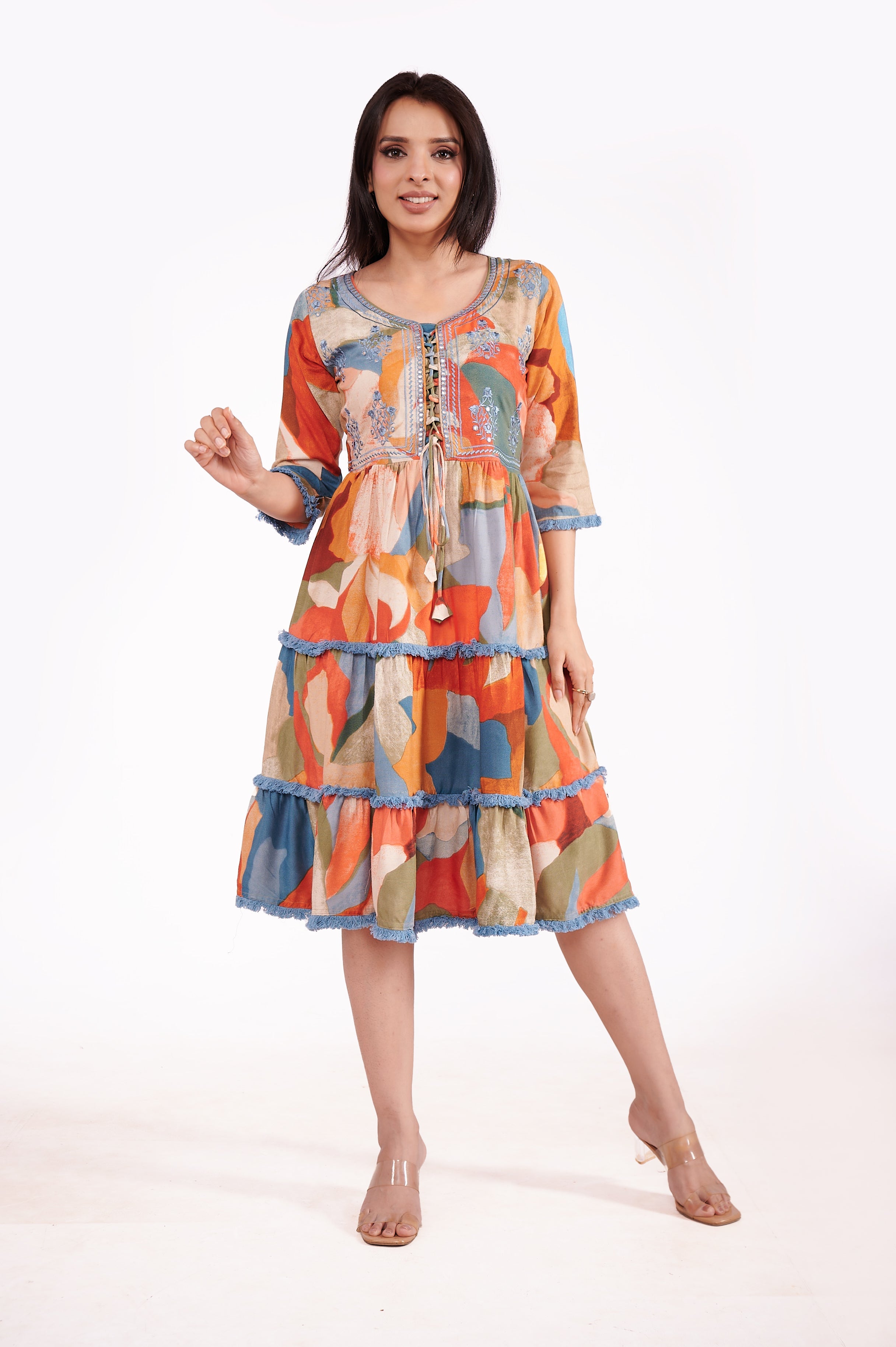 Mul Cotton Round Neck Abstract Tunic Dress