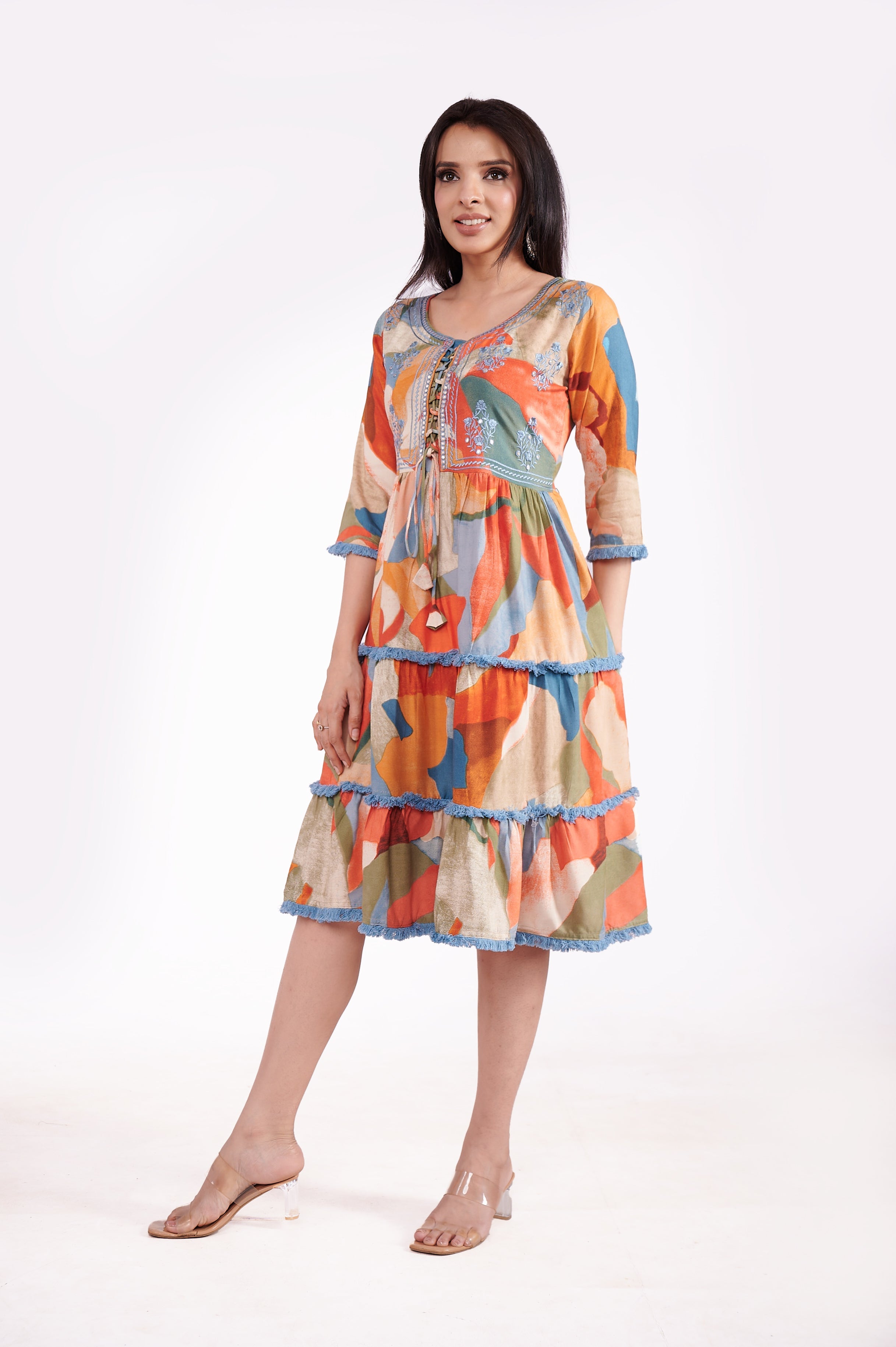 Mul Cotton Round Neck Abstract Tunic Dress