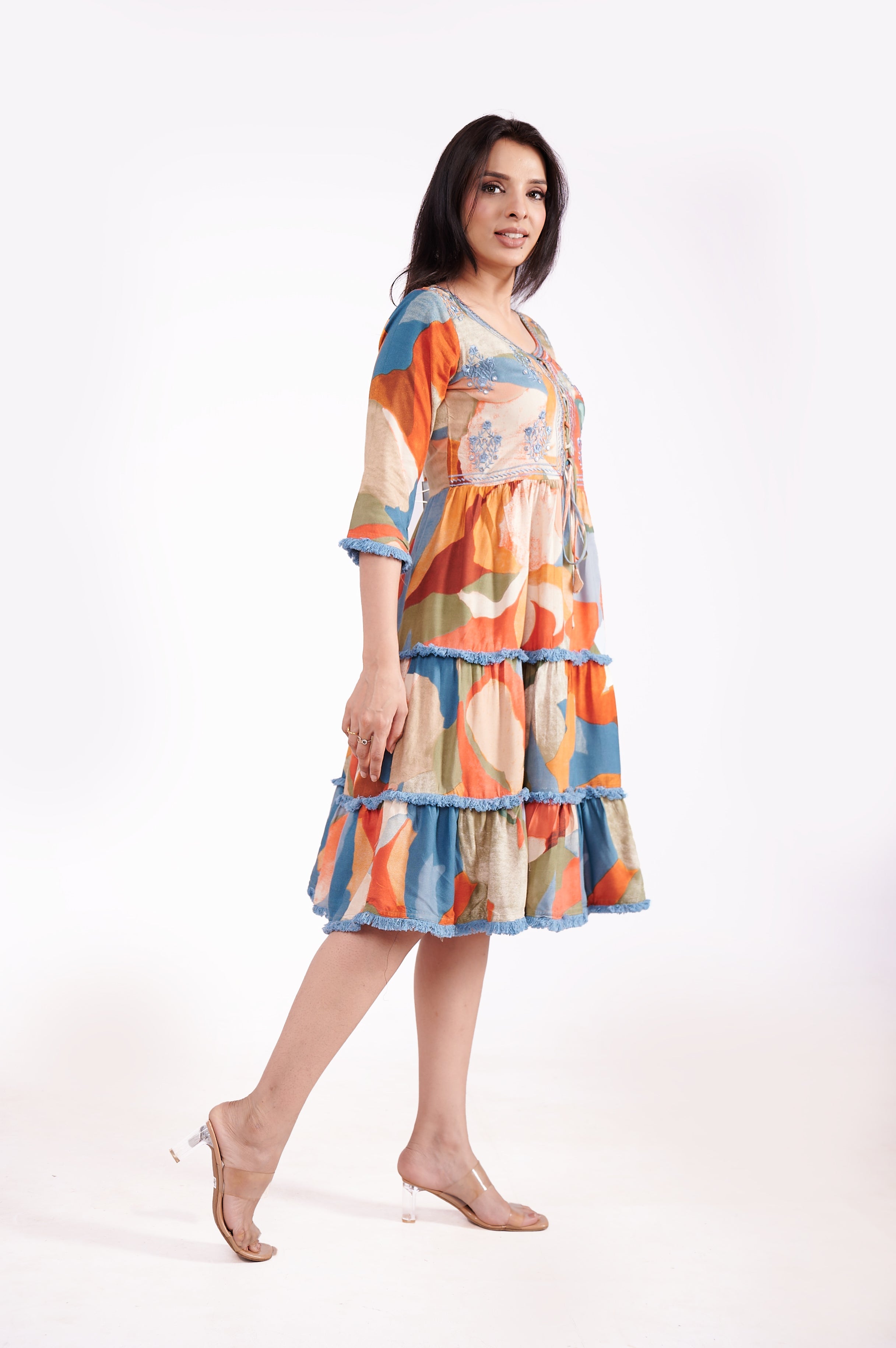 Mul Cotton Round Neck Abstract Tunic Dress