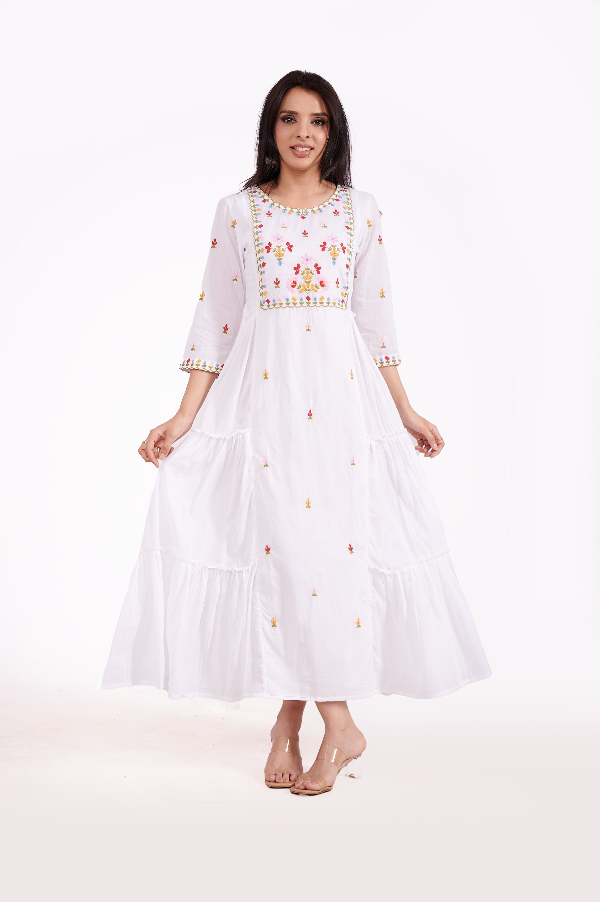 Cotton Embroidered Ankle Length Long Dress