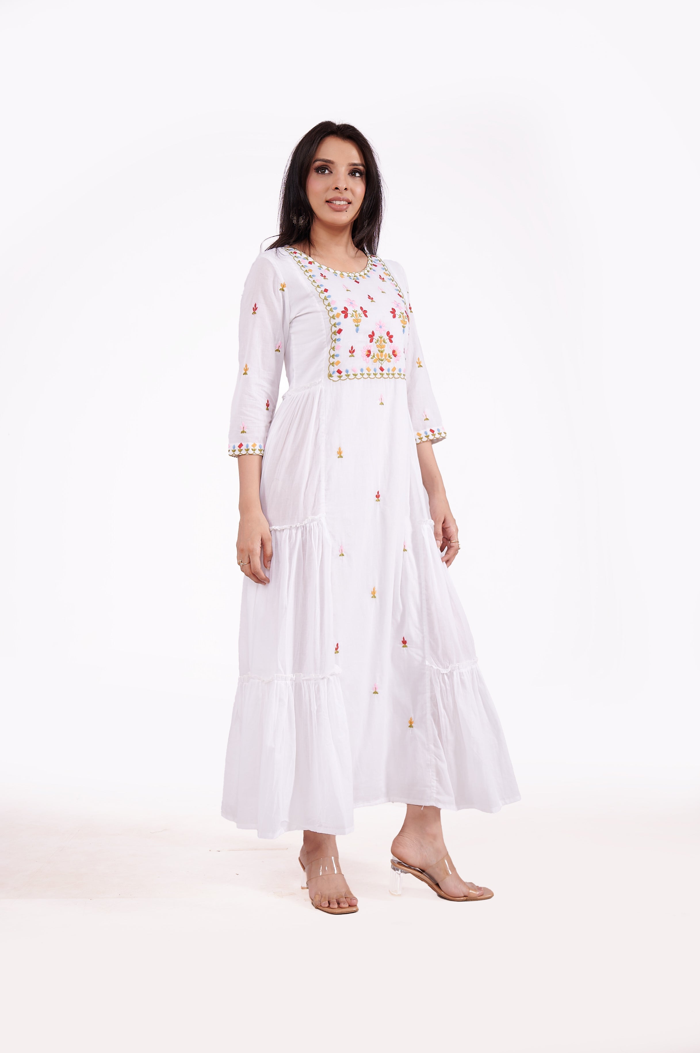 Cotton Embroidered Ankle Length Long Dress