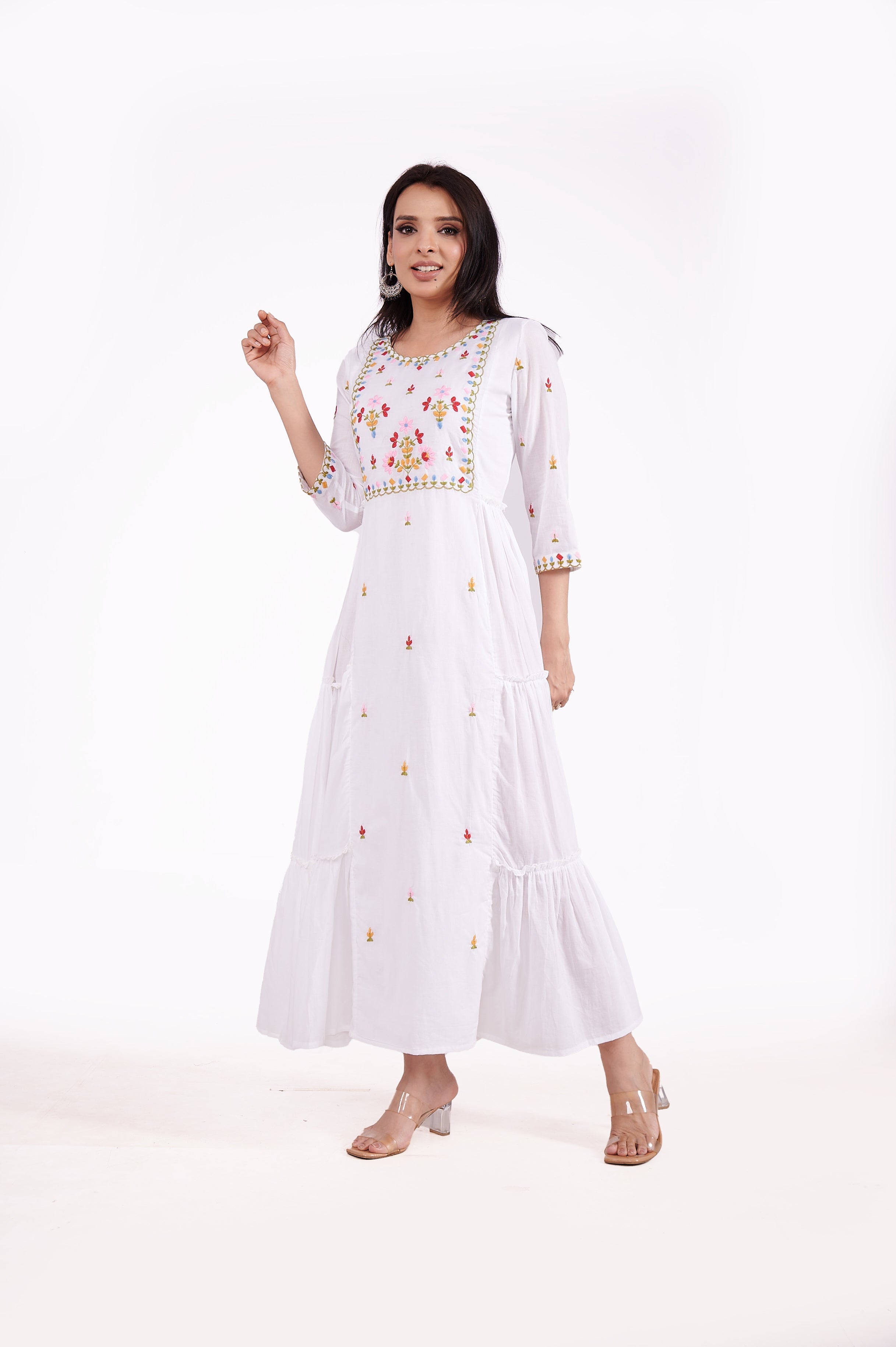 Cotton Embroidered Ankle Length Long Dress