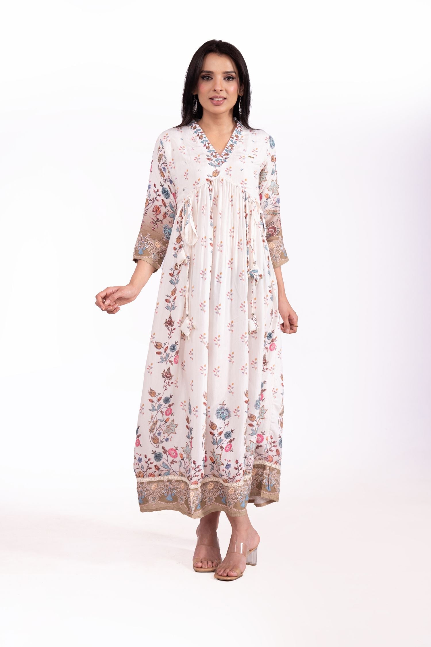 Muslin Bember Floral Printed V Neck Dress