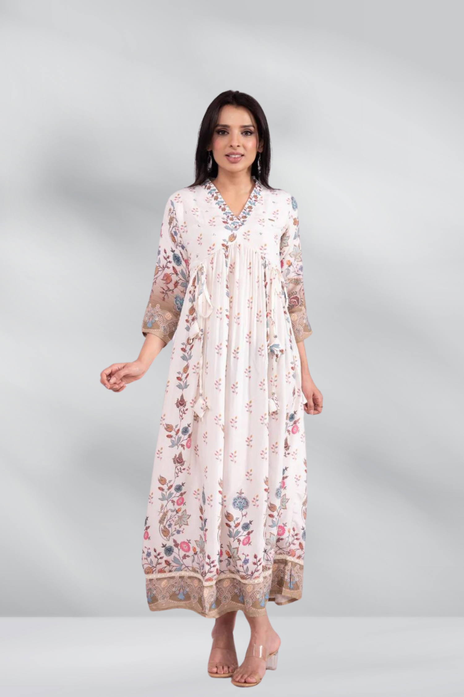 Muslin Bember Floral Printed V Neck Dress