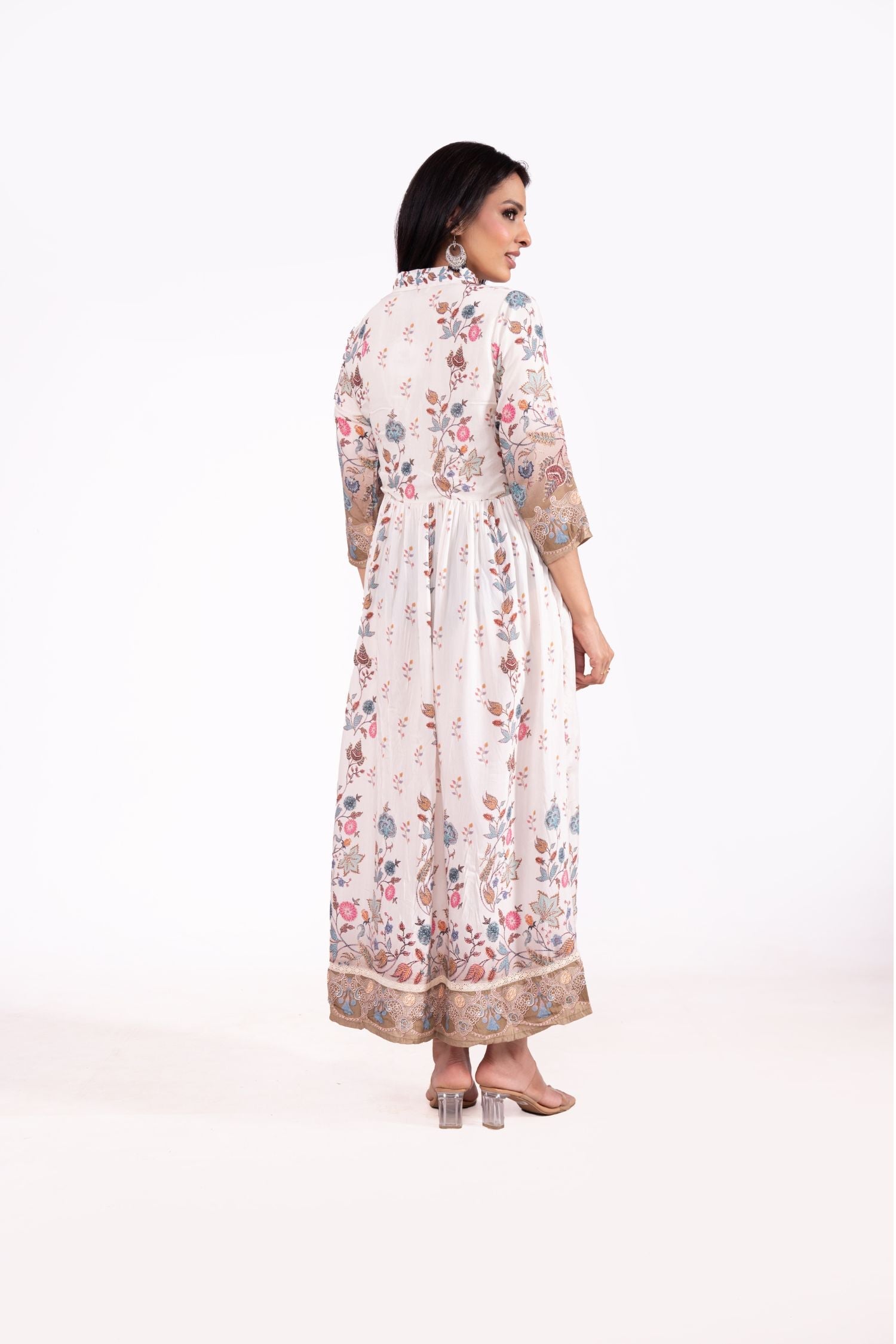 Muslin Bember Floral Printed V Neck Dress