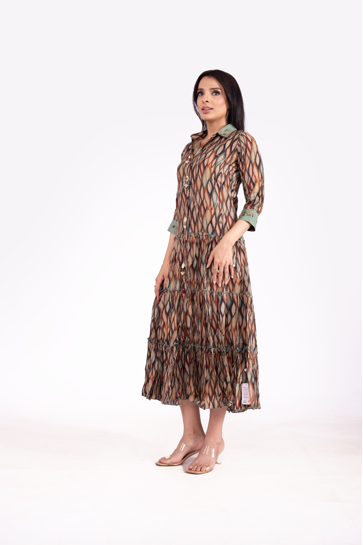 Muslin Geometric Print Collared Midi Dress for Women