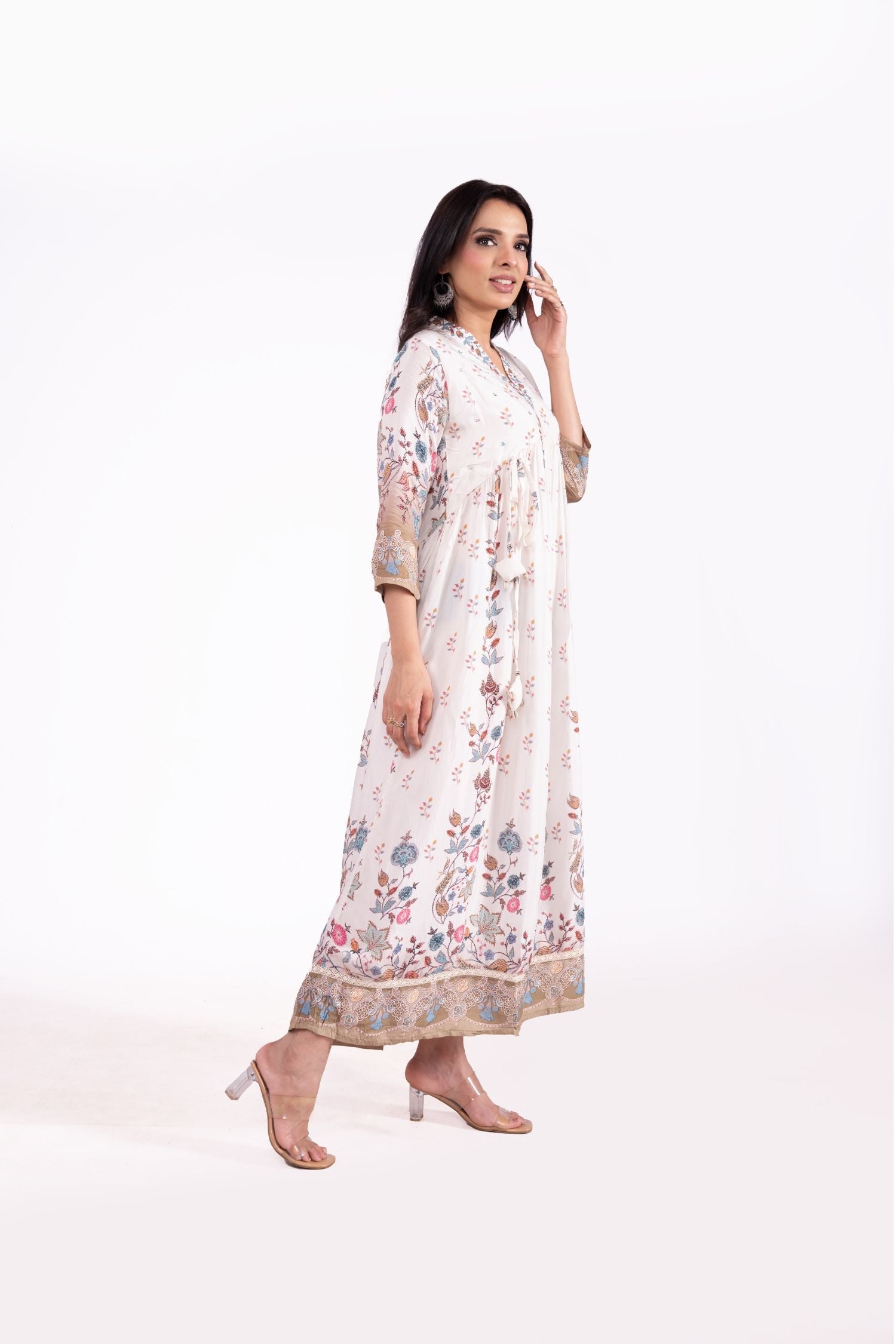 Muslin Bember Floral Printed V Neck Dress