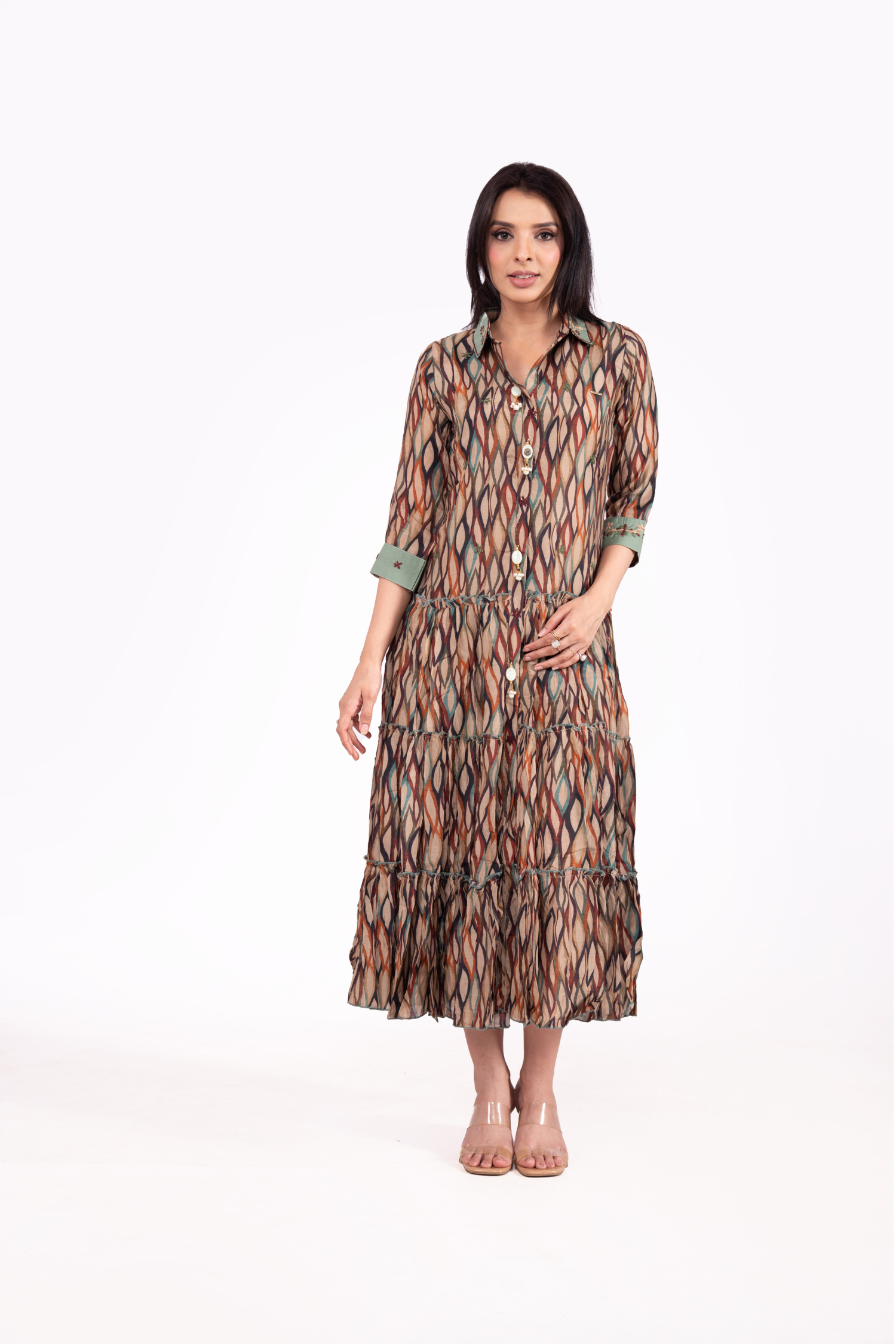 Muslin Geometric Print Collared Midi Dress for Women