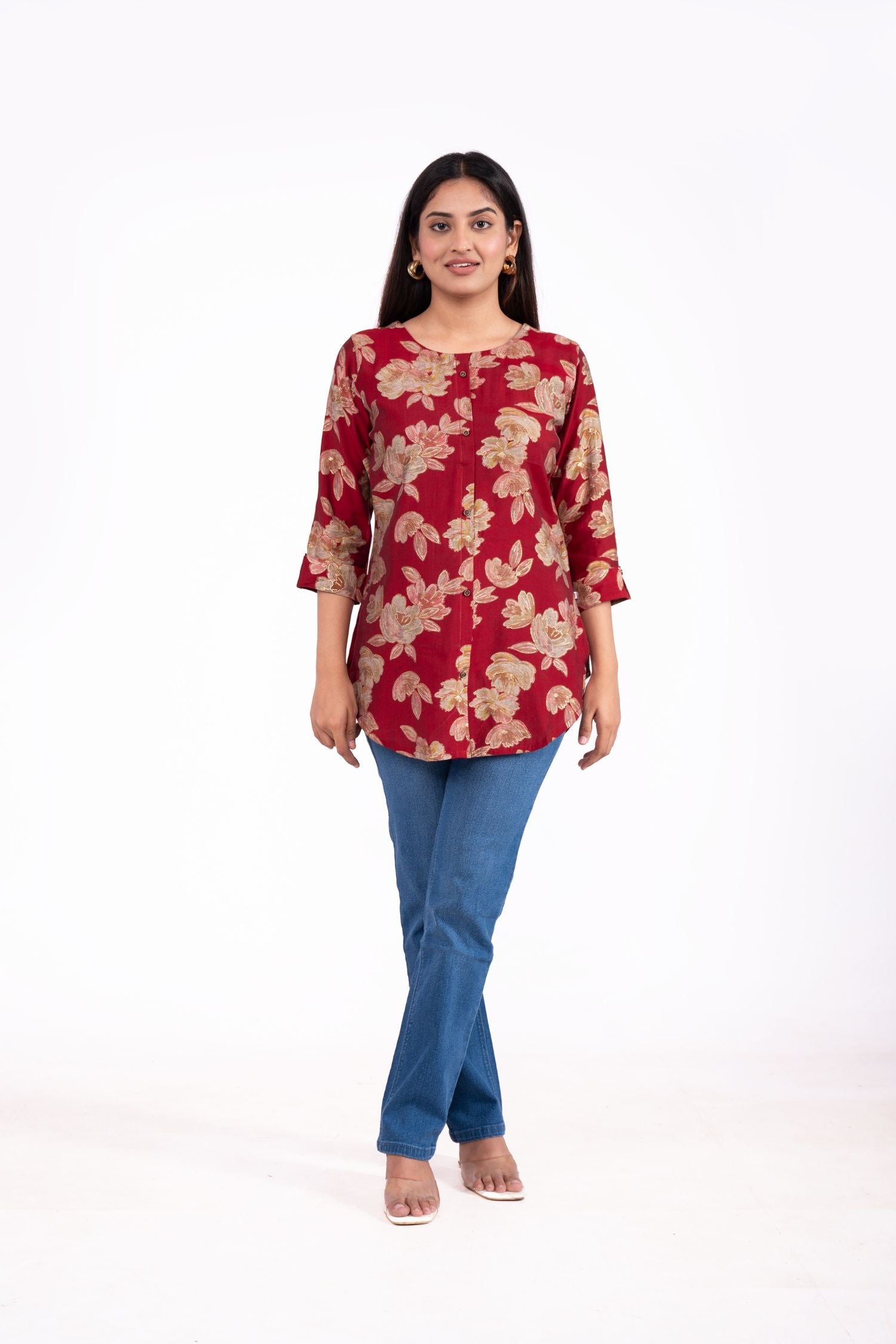 Cotton Floral Foil Printed A line tunic top