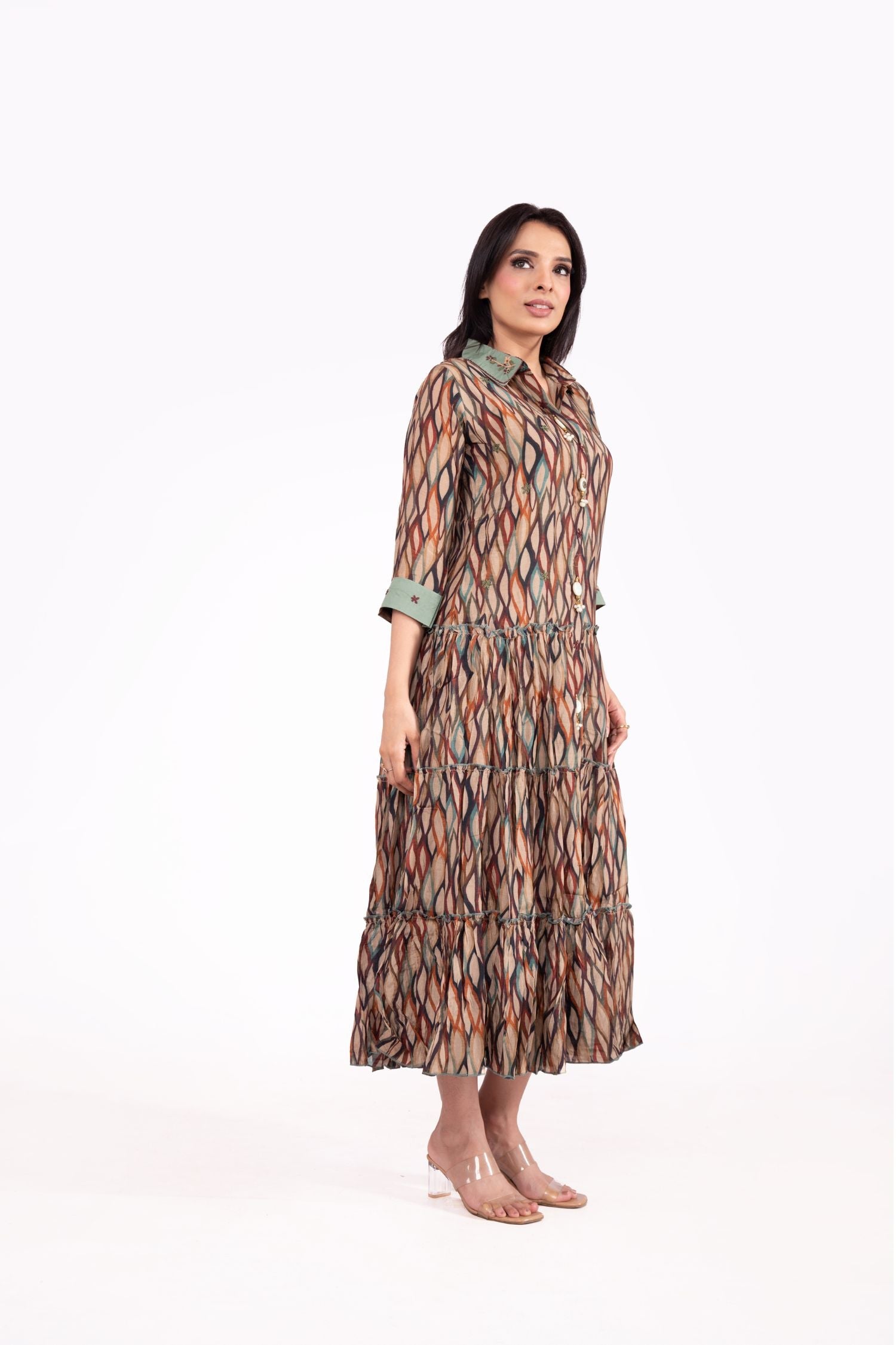 Muslin Geometric Print Collared Midi Dress for Women