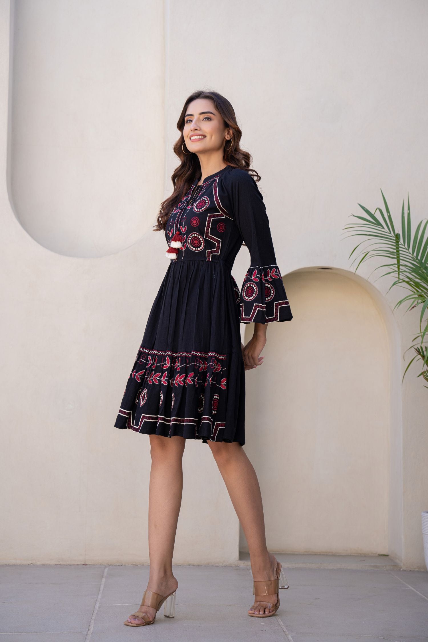 Bell Sleeves Fit & Flare Short Tunic Dress With Tie-Up Neck