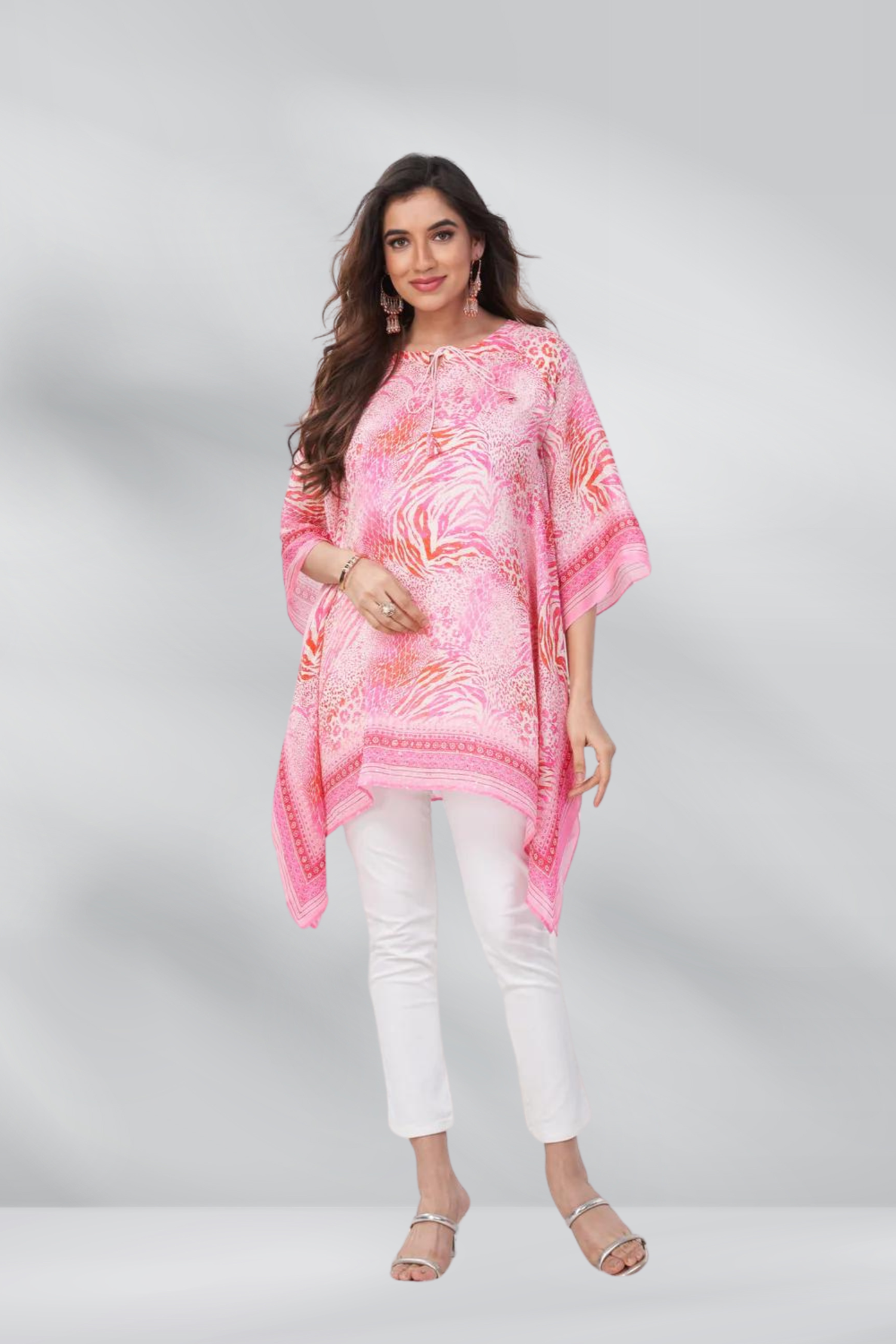 Viscose Chinon Pink Printed Short Kaftan