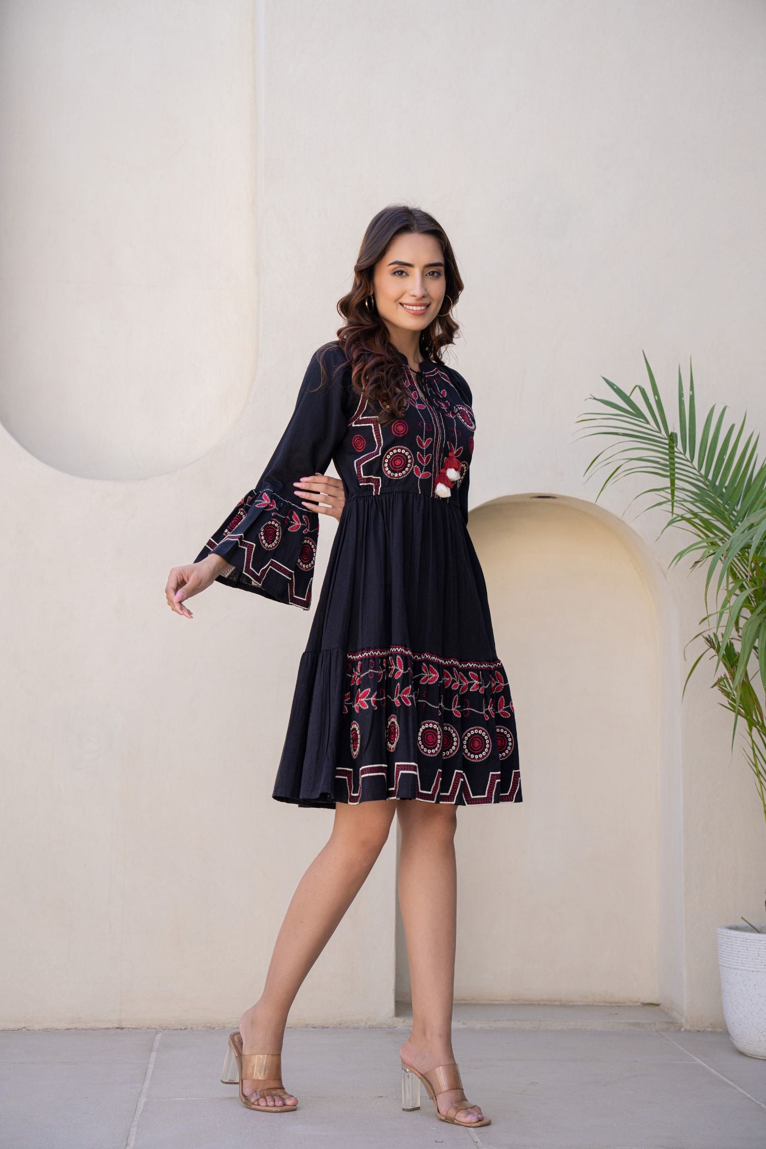 Bell Sleeves Fit & Flare Short Tunic Dress With Tie-Up Neck