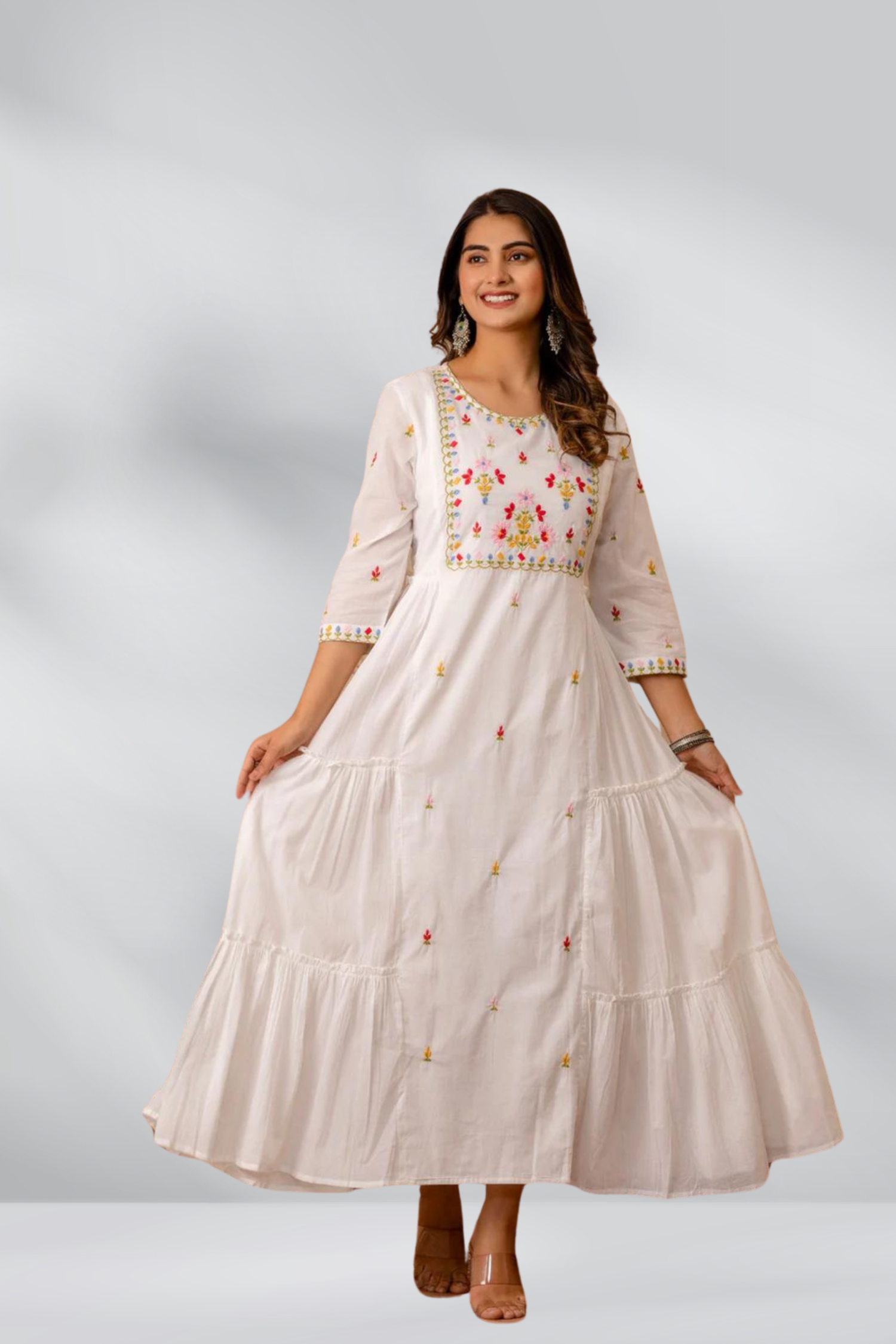 Cotton Embroidered Ankle Length Long Dress