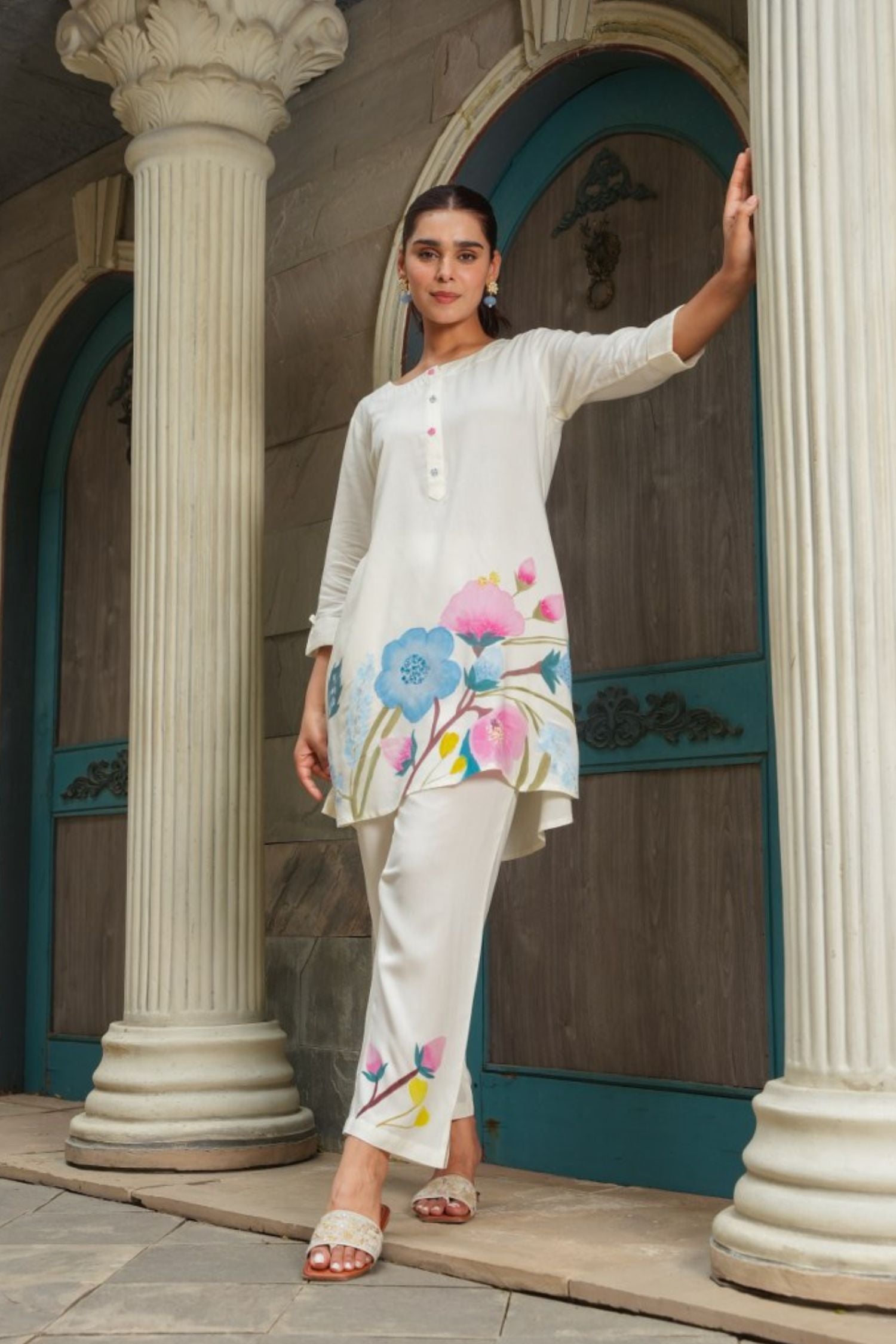 FLORAL HANDPAINTED MUL COTTON OFF-WHITE CORD SETS COTTON STRAIGHT KURTA