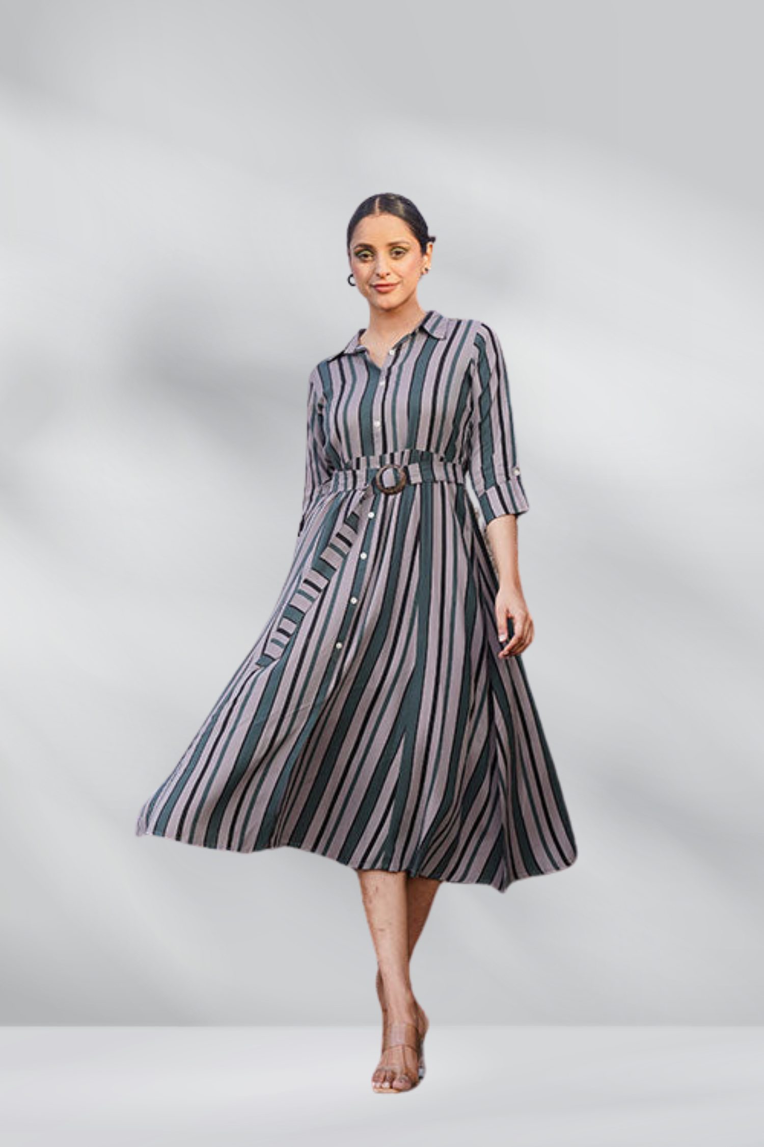 Formal Wear Stripped Collared Midi Dress with Belt