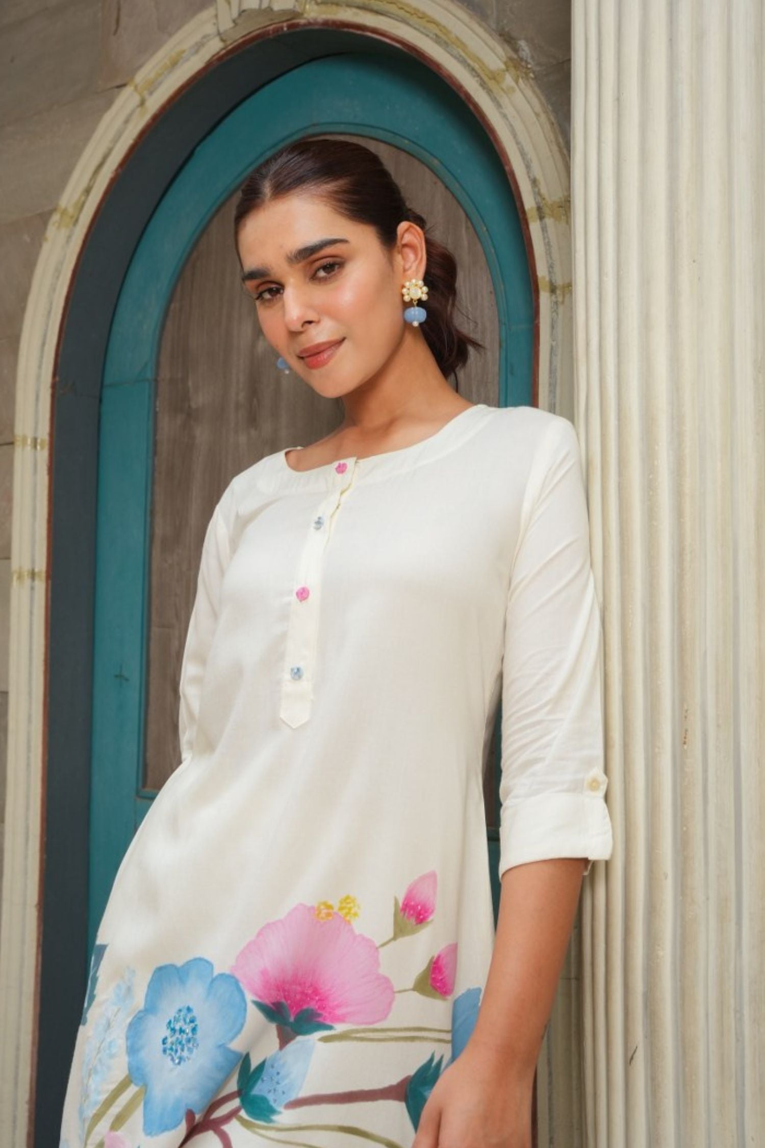 FLORAL HANDPAINTED MUL COTTON OFF-WHITE CORD SETS COTTON STRAIGHT KURTA