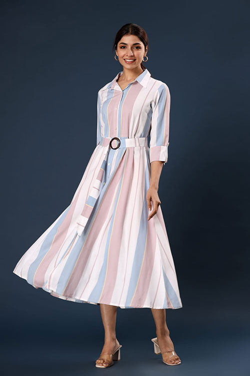 Formal Wear Stripped Collared Rayon Midi Dress White 4 - Freyaa