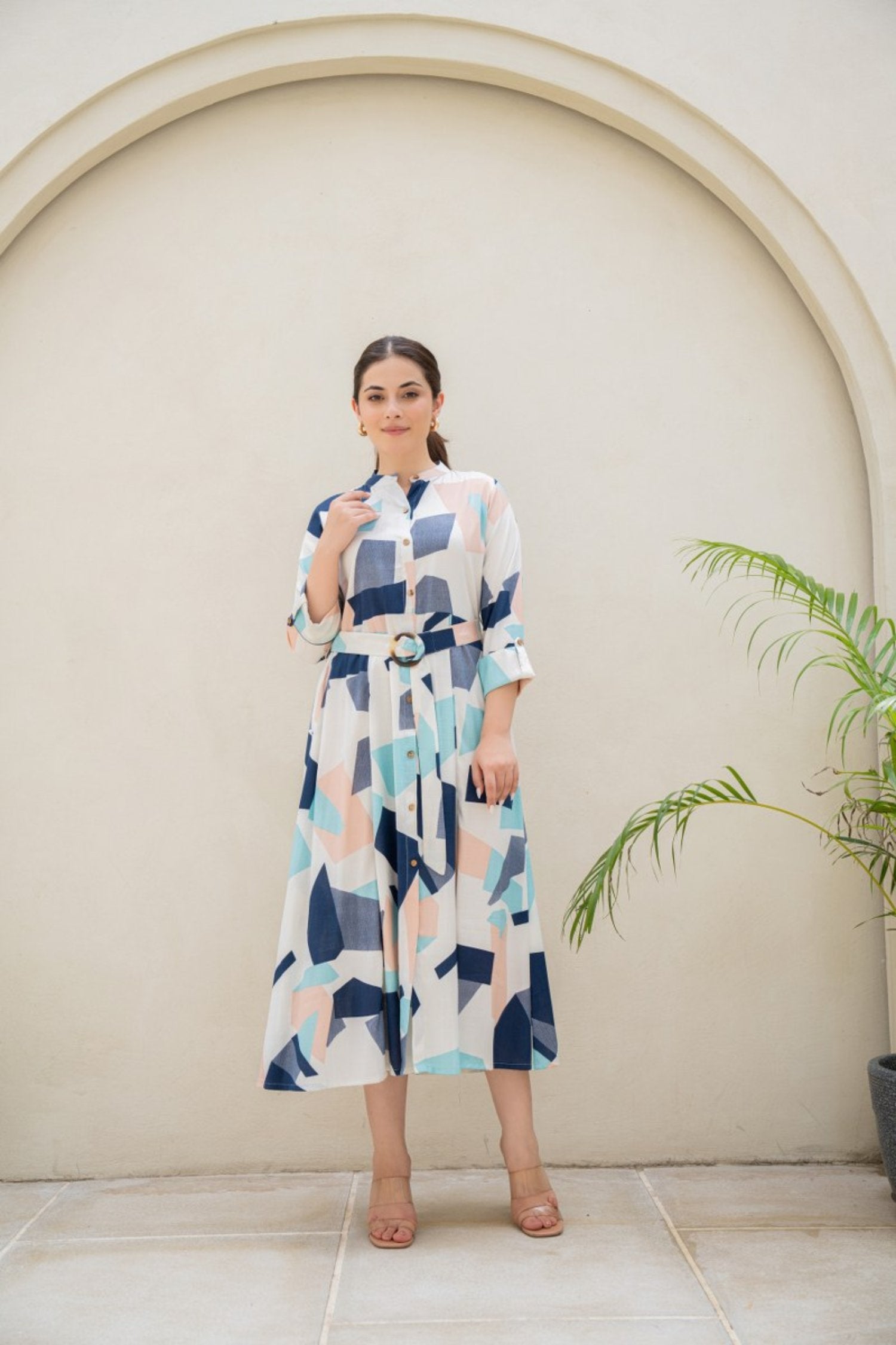 Geometric Print A Line Midi Dress with Belted waist and roll up sleeve