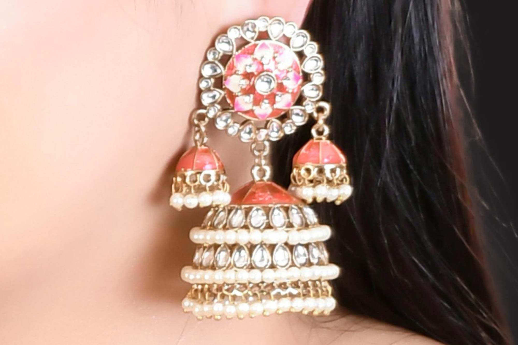 Kundan Meenakari Finish  Statement Jhumka Earrings