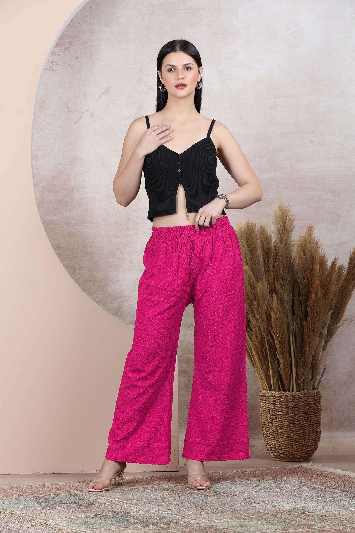 Dark Pink Free Size Lucknowni Plazzo  - Freyaa