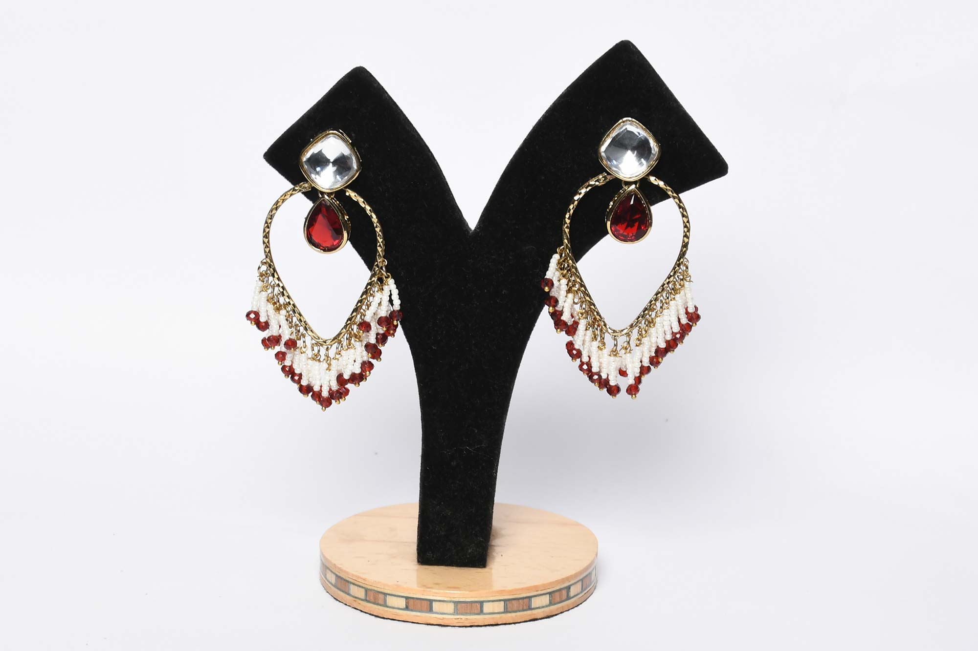 Red And White Kundan Pearl Dangler Earring 2 - Freyaa